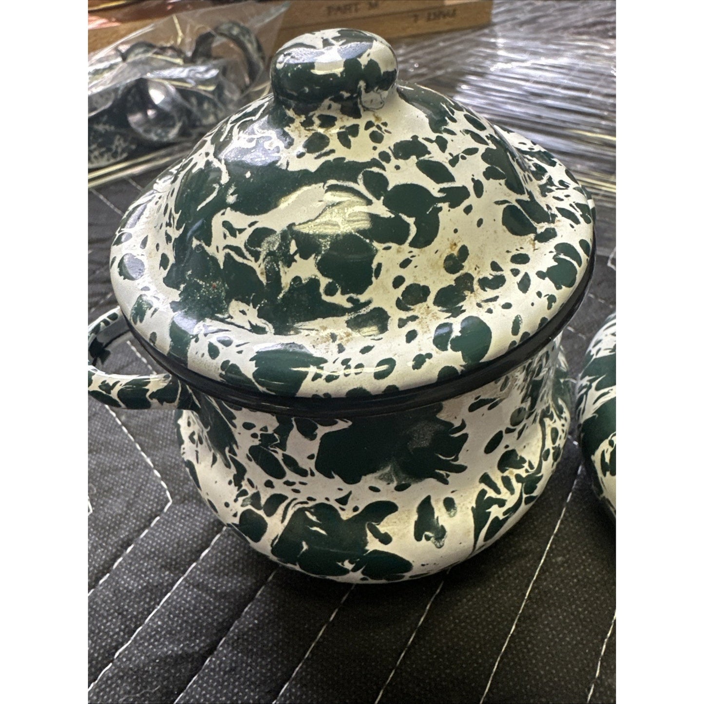 Enamel Green and White Splatter creamer pitcher & Sugar Bowl