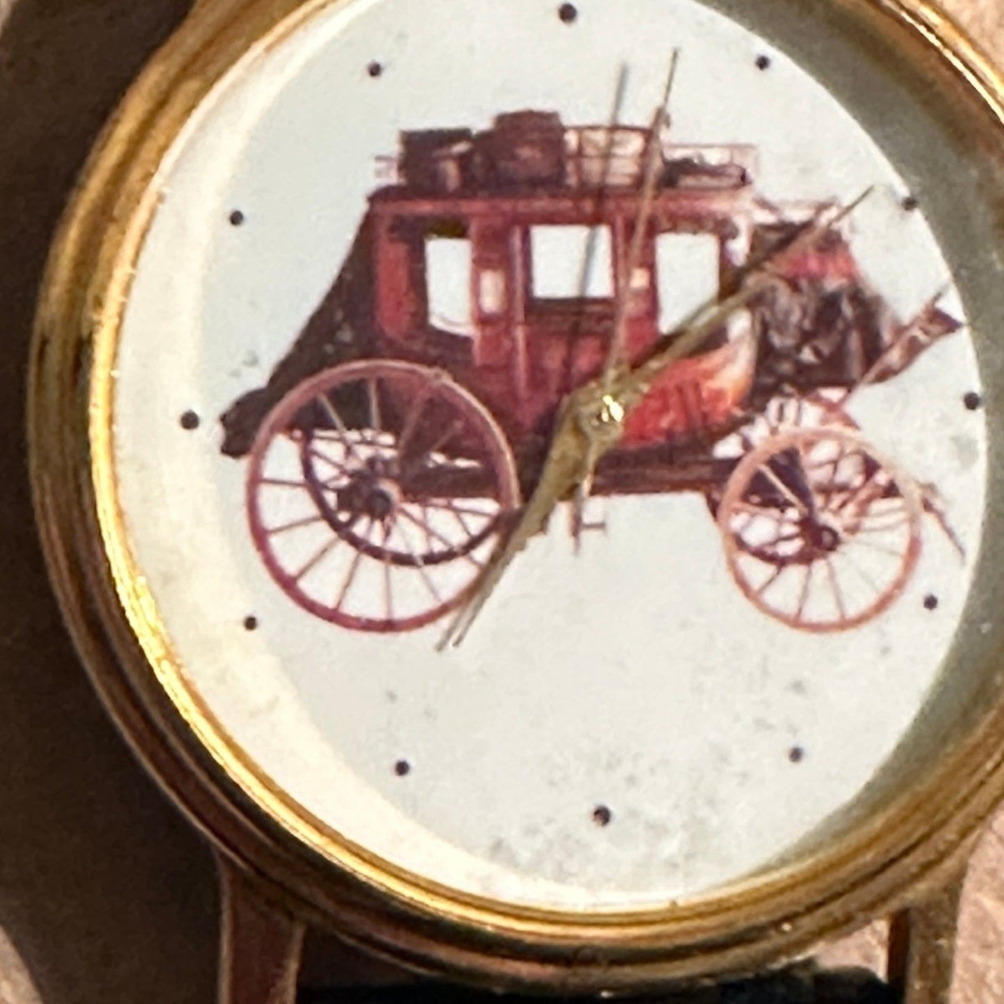 rare Watch Wells Fargo Company" Stagecoach Gold tone w/ Black Leather