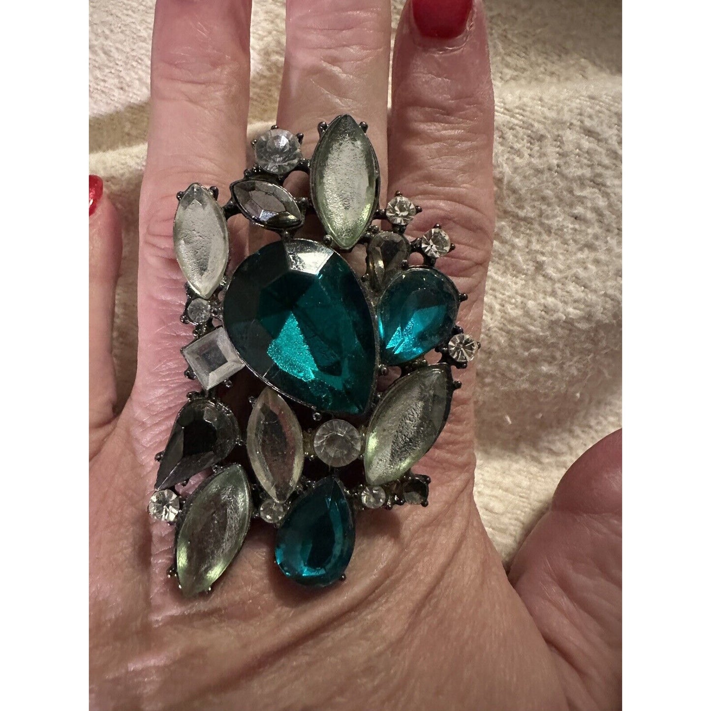 Vintage Massive Ring Chunky Rhinestone Royal Green Statement Cluster