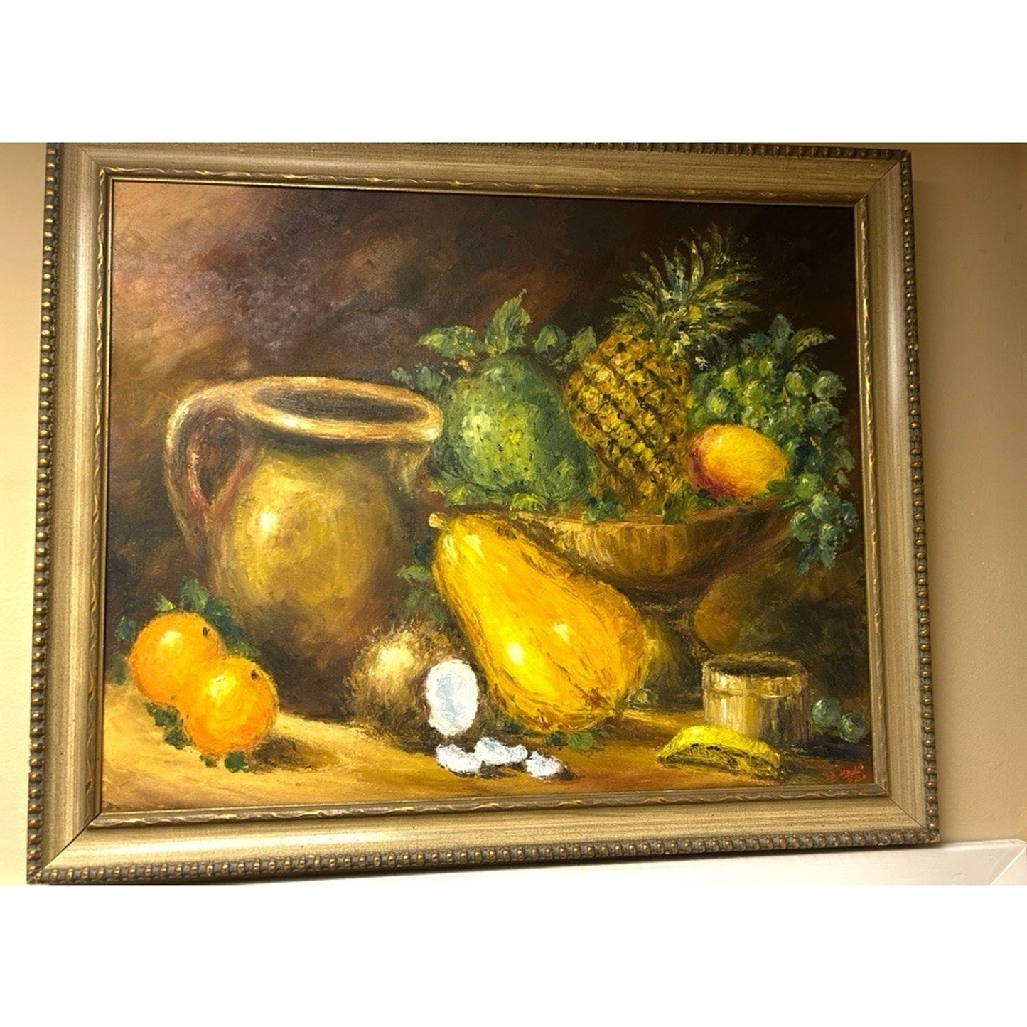 Vintage Fruit Still Life Painting Gold Wooden Frame Signed Rare 28x34