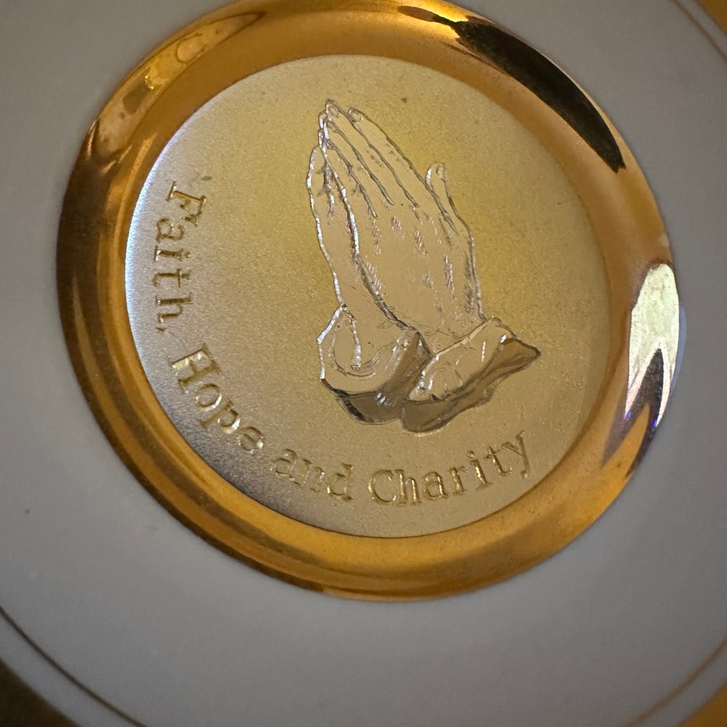 The Art of Chokin 14K praying hands Faith, Hope & Charity