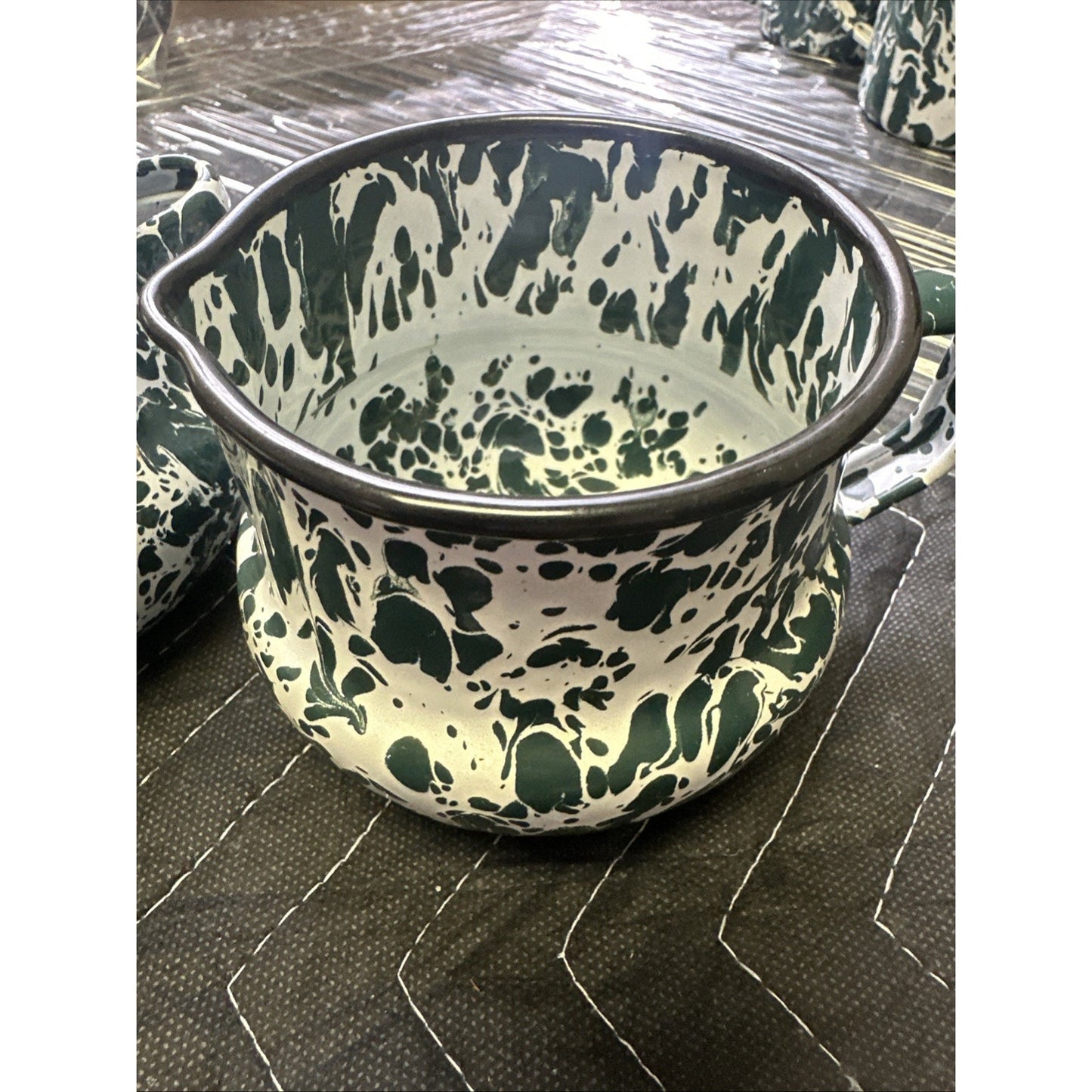 Enamel Green and White Splatter creamer pitcher & Sugar Bowl
