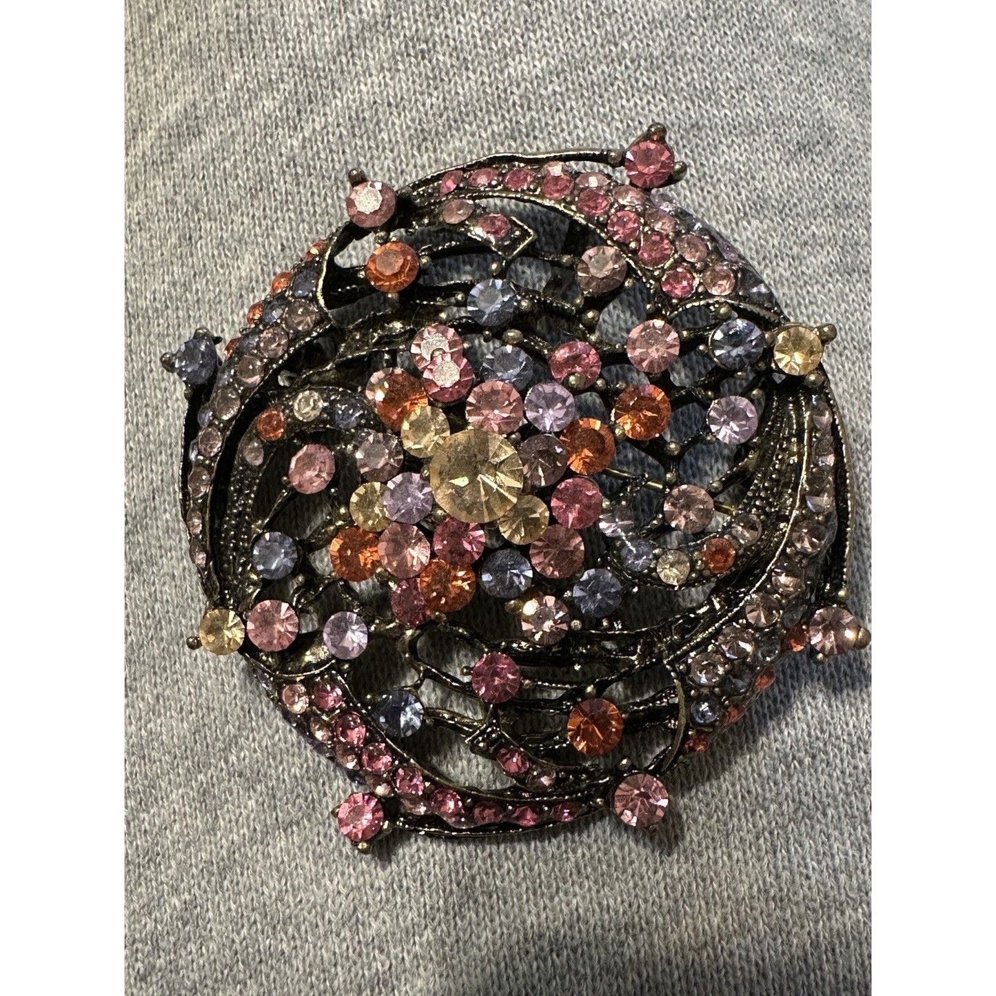 VTG Swirl Multicolor Rhinestones Brooch Pendant Antiqued Gold Plate Outstanding