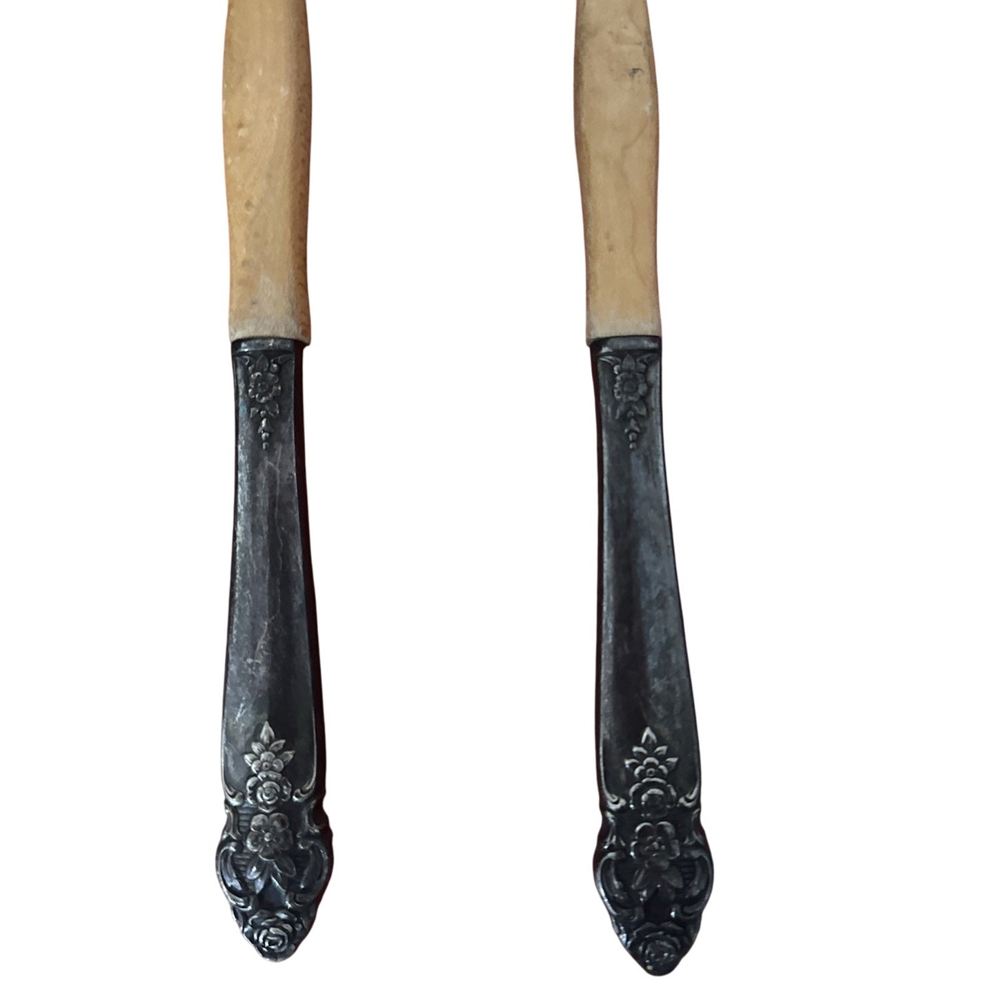 Sterling Silver Teak Wood Handle Salad Serving Set Spoon Fork Tong VTG 1960s
