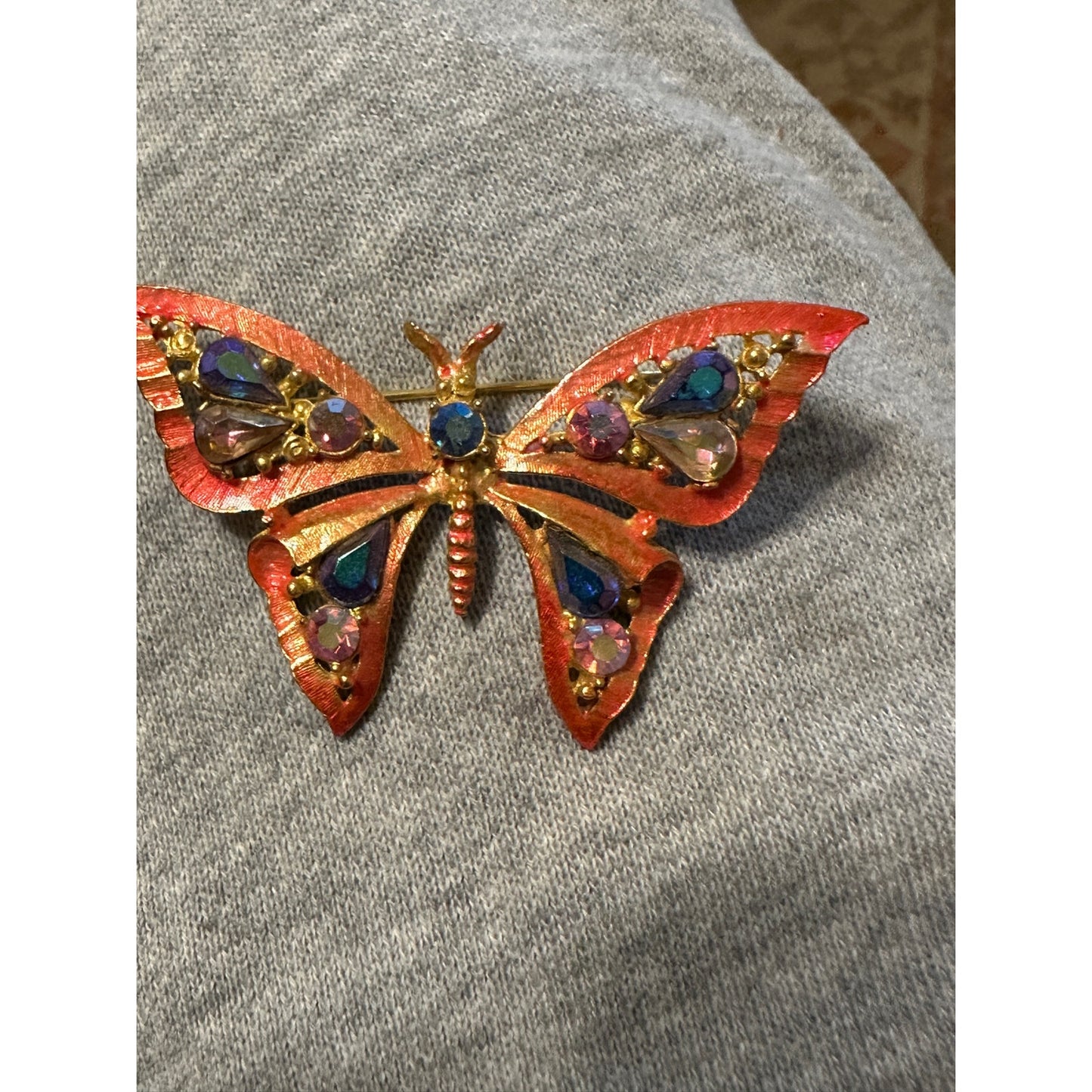 Vintage Metallic Gold Tone Butterfly with Aurora Borealis Rhinestones Brooch Pin