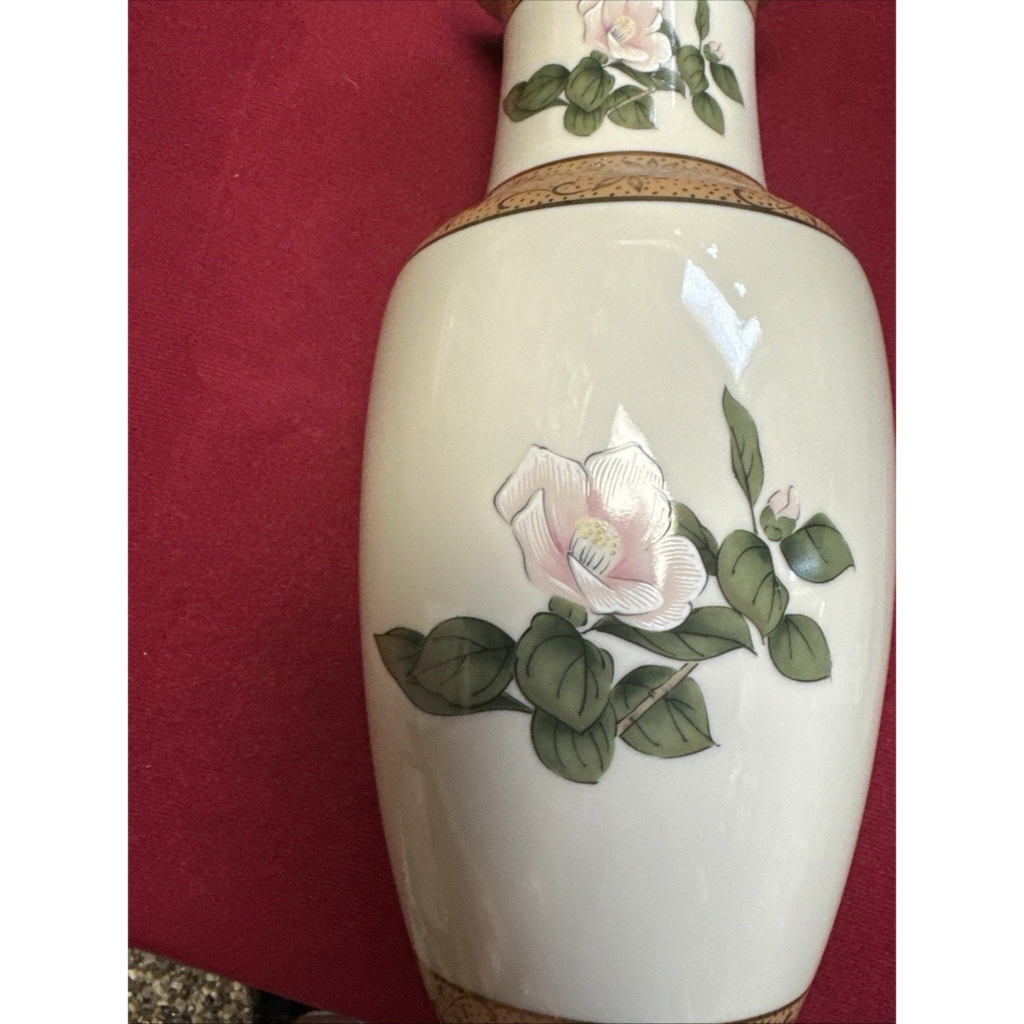 Rare Mid-Century Japan Porcelain Floral Vase Hand painted Birds & Magnolia, 10”H