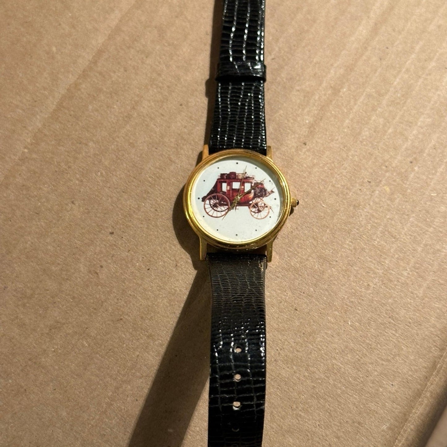 rare Watch Wells Fargo Company" Stagecoach Gold tone w/ Black Leather