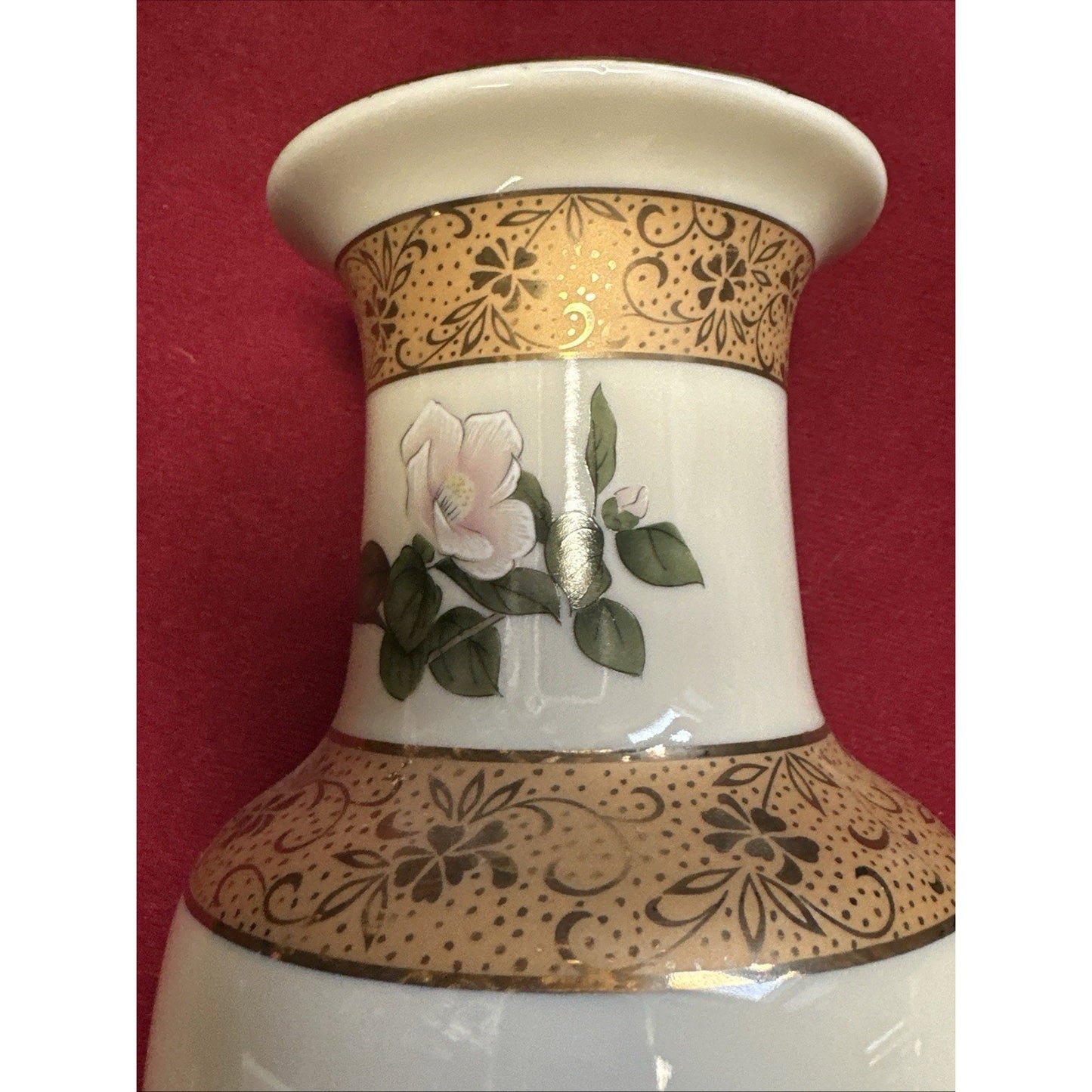 Rare Mid-Century Japan Porcelain Floral Vase Hand painted Birds & Magnolia, 10”H