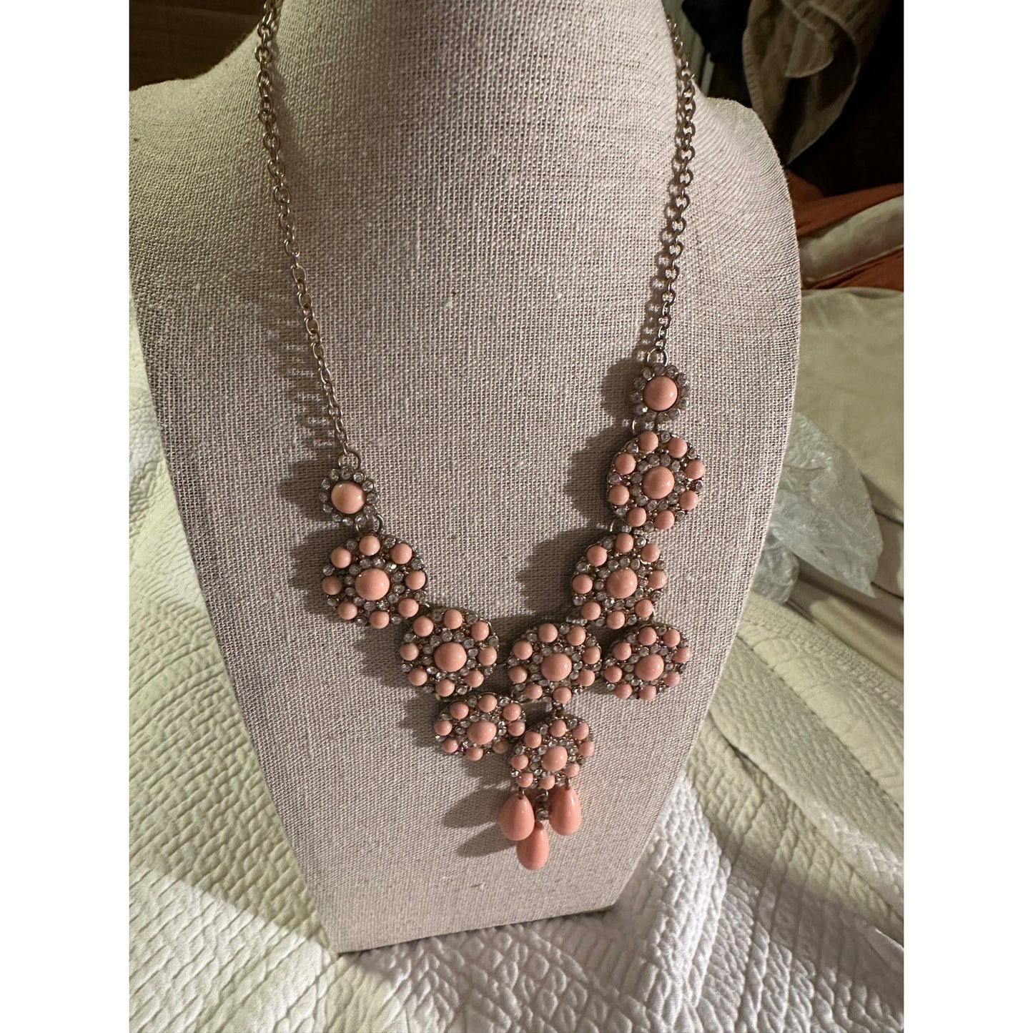 Mid-Century Pink Lucite, Clear Rhinestone and Gold Tone necklace.