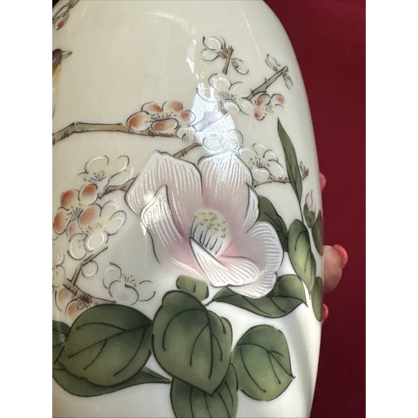 Rare Mid-Century Japan Porcelain Floral Vase Hand painted Birds & Magnolia, 10”H