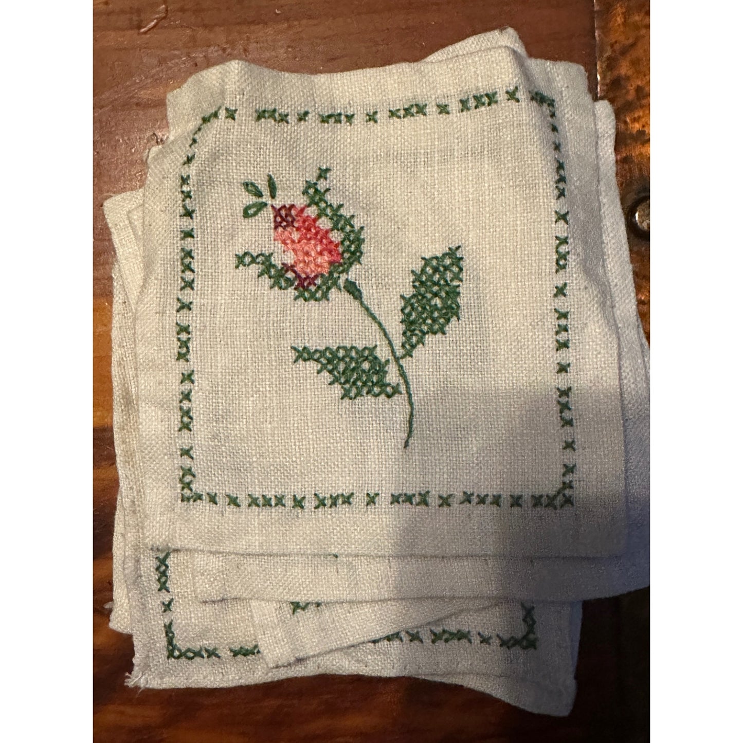 Vintage Rose linen set, placemats, napkins, coasters, embroidered linen