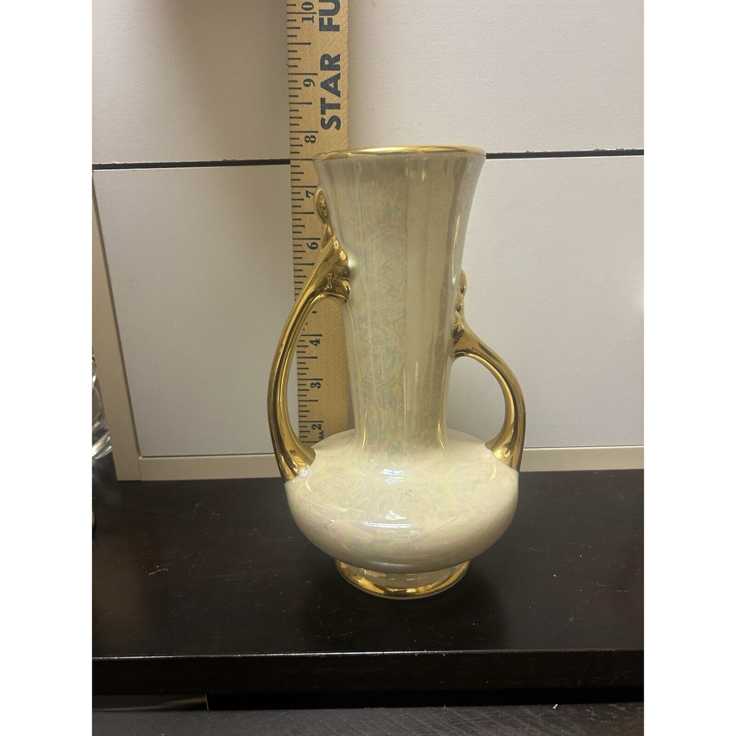 Vintage Lusterware Pearl China 2 Handled Vase 7 3/4" Beautiful 22 kt gold trim