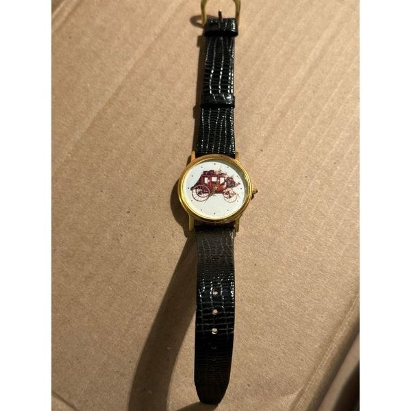 rare Watch Wells Fargo Company" Stagecoach Gold tone w/ Black Leather