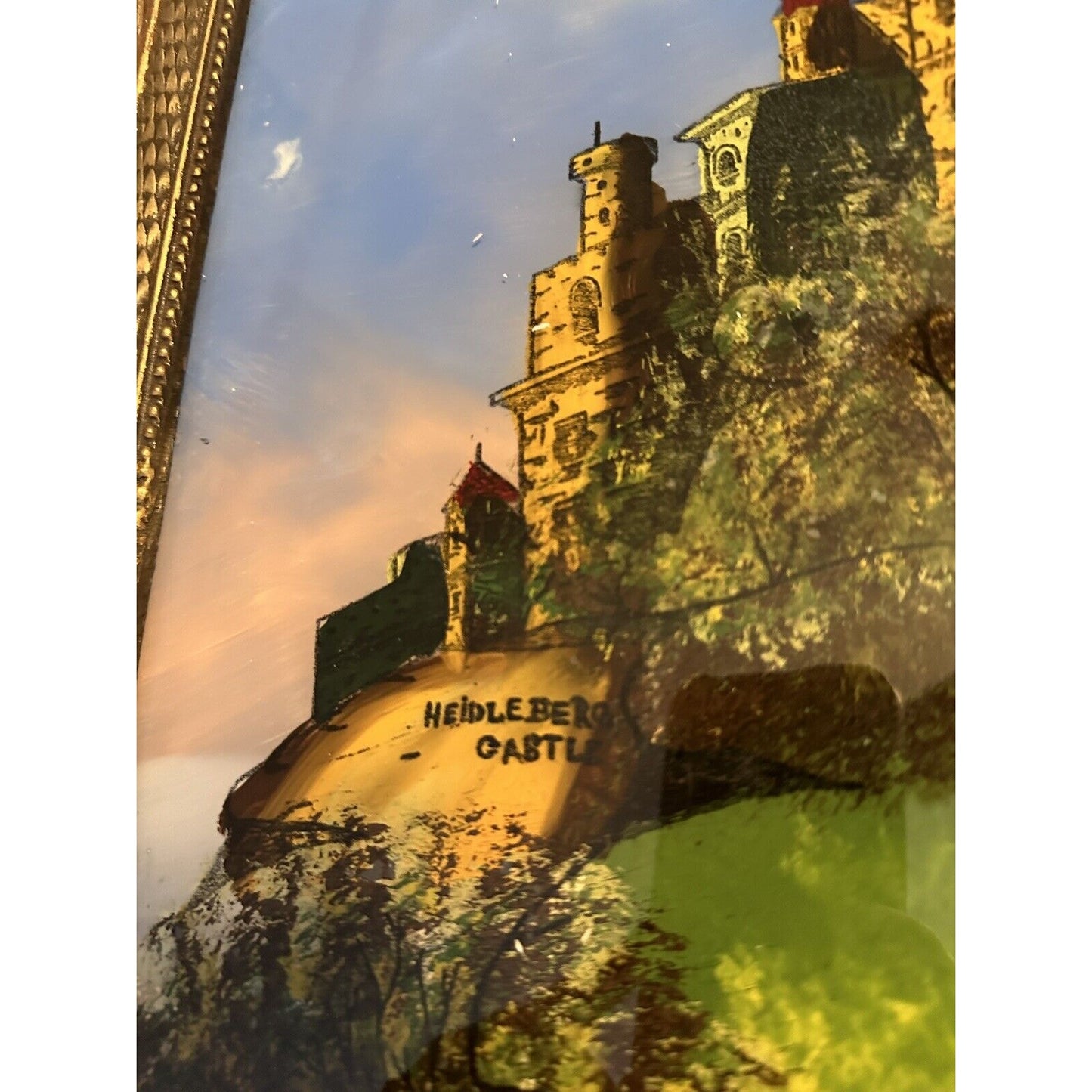 Heidelberg Castle ~ Antique Reverse Glass Painting ~ Germany ~
