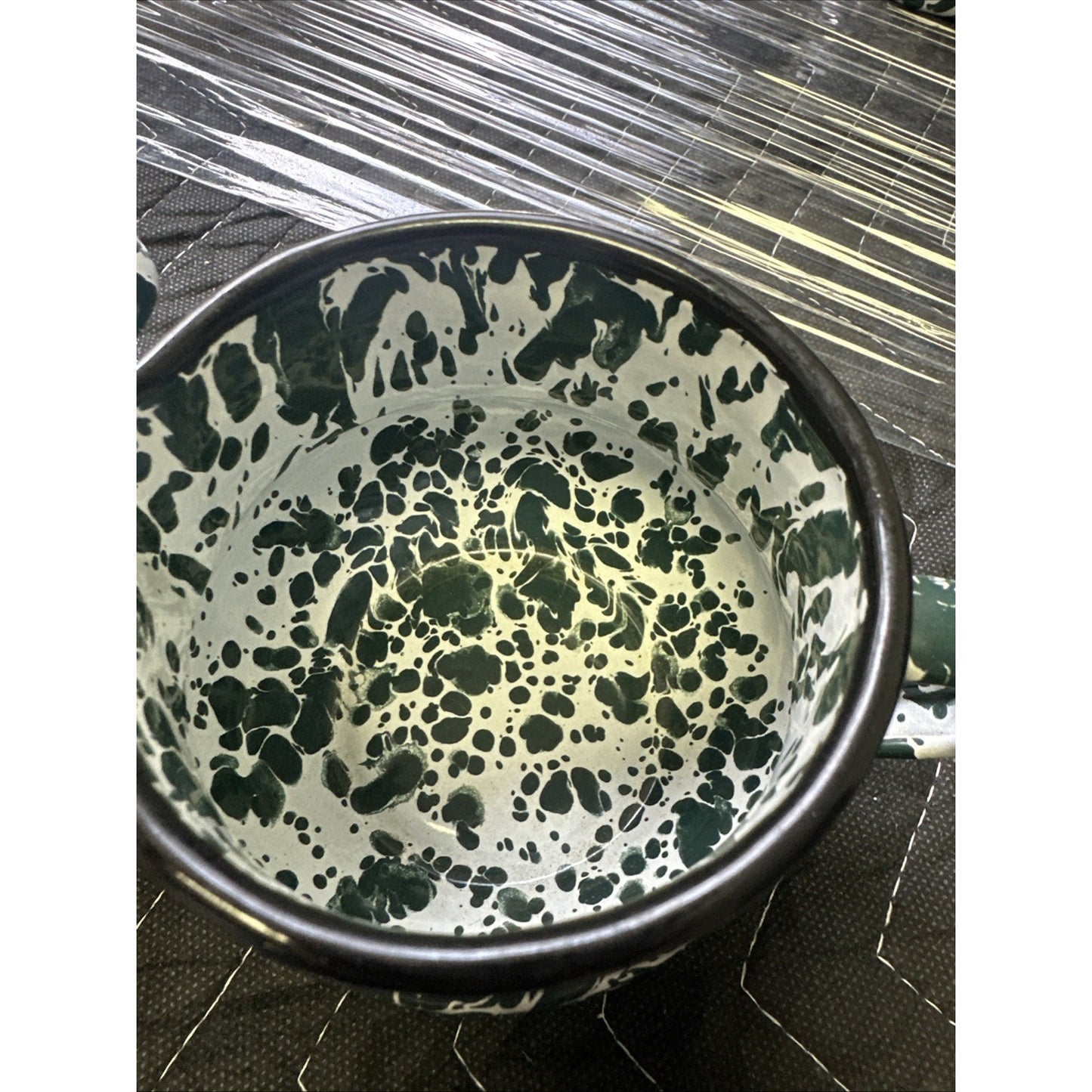 Enamel Green and White Splatter creamer pitcher & Sugar Bowl