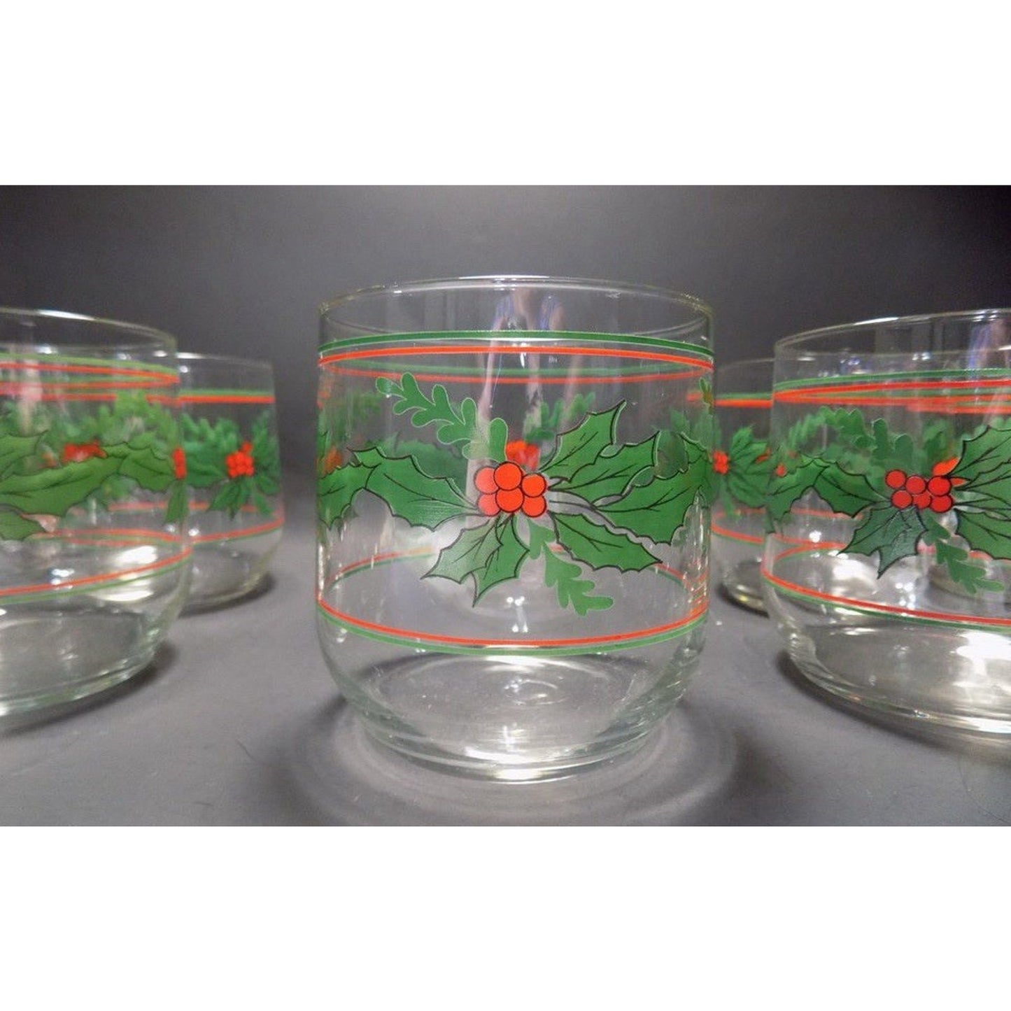 Set 4 Vintage 3.5" Christmas Holiday Holly Berry & Bows Low Ball Juice Glasses