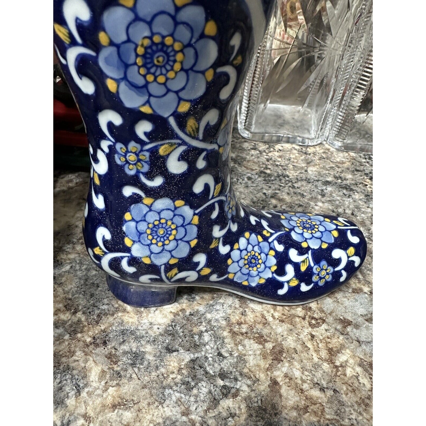 Cowboy Boot Chinoiserie Vase Blue White Yellow Gold Flower Pattern