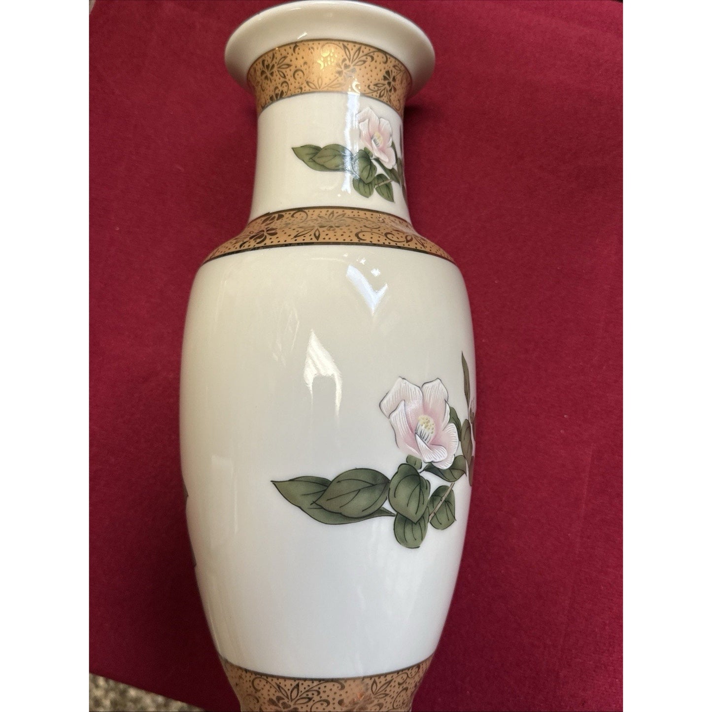 Rare Mid-Century Japan Porcelain Floral Vase Hand painted Birds & Magnolia, 10”H