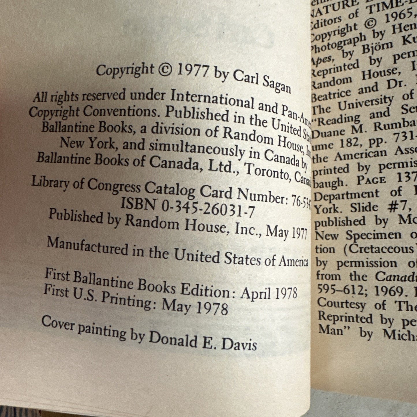 1978 THE DRAGONS OF EDEN Carl Sagan FVF 7.0 1st Ballantine Paperback / Fisherman