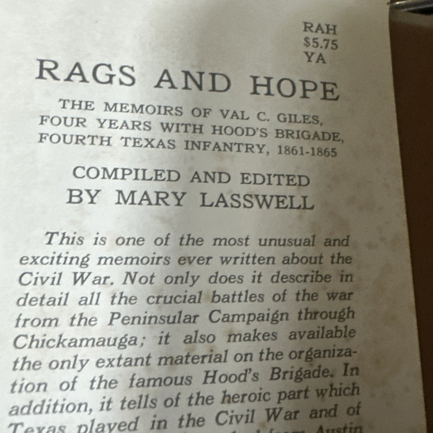Rags & Hope The Memoirs of Val C. Giles Four Years with Hood's Brigade Signed