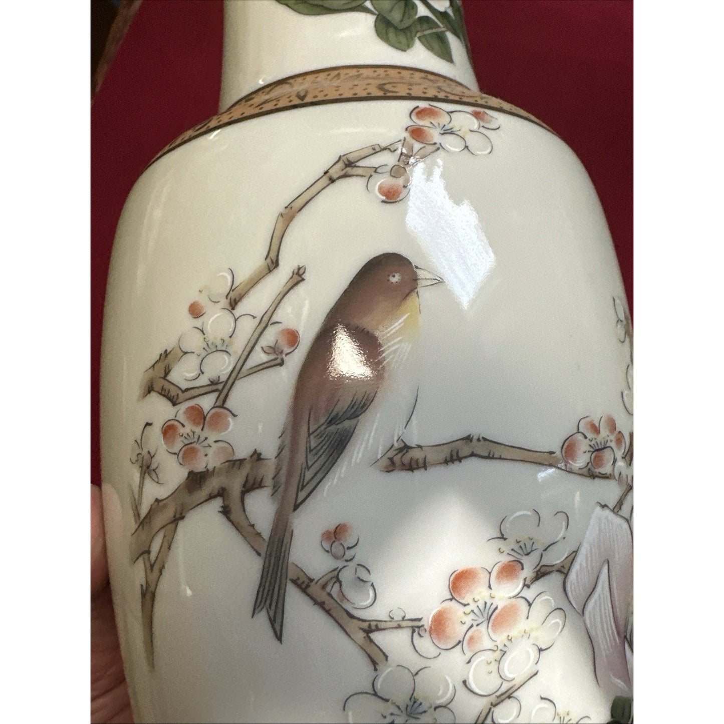 Rare Mid-Century Japan Porcelain Floral Vase Hand painted Birds & Magnolia, 10”H