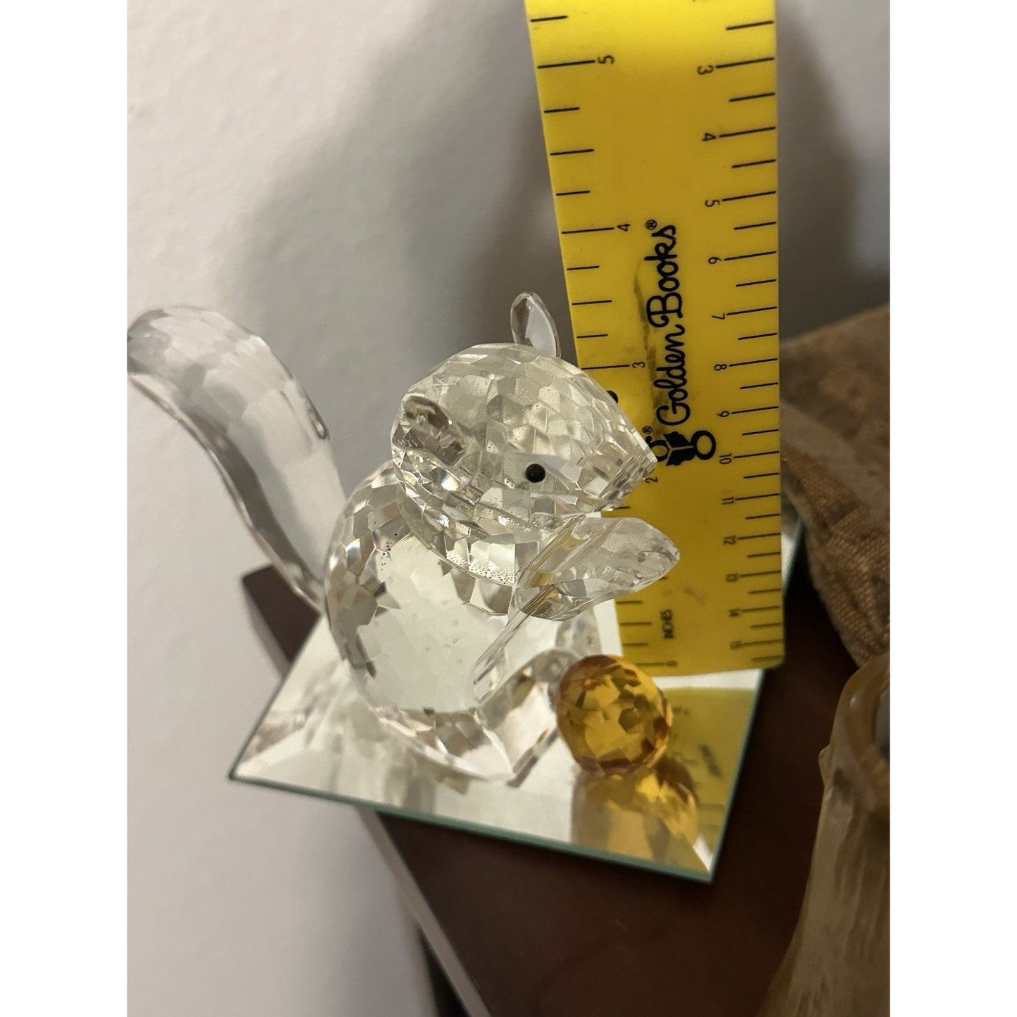 Crystal Squirrel Figurine 4” X4” Yellow Nut On Mirror Plate Beautiful