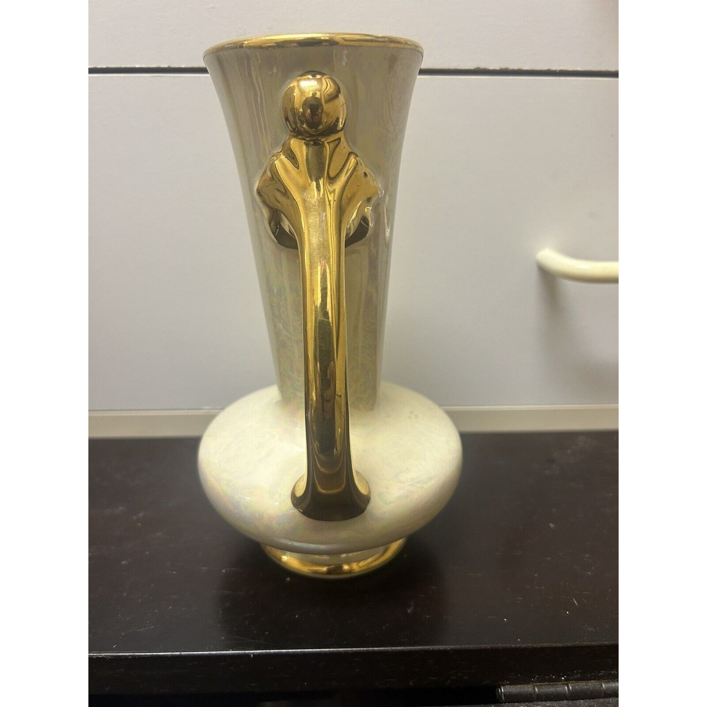 Antique Iridescent Hand Painted Vase beautiful gold 22k asymmetrical handles