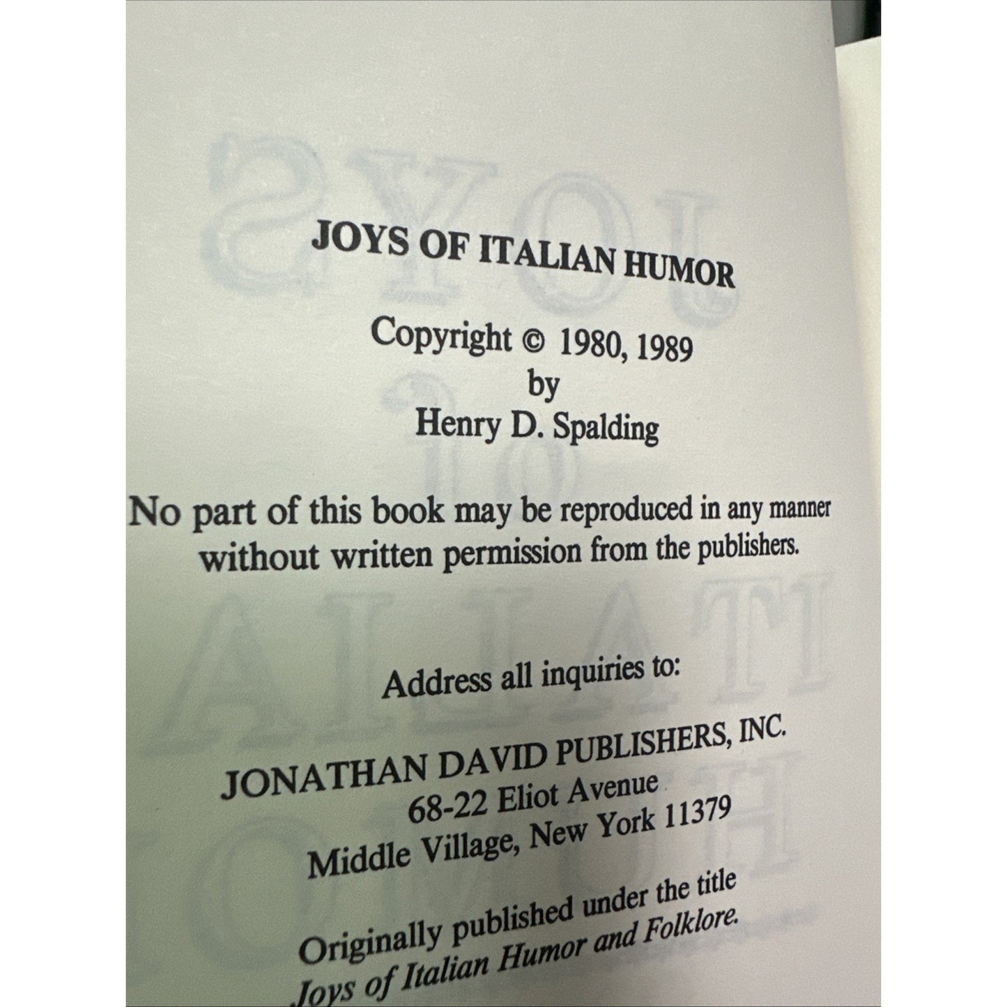 Joys of Italian Humor and Folklore: - Hardcover, by Spalding Henry D.
