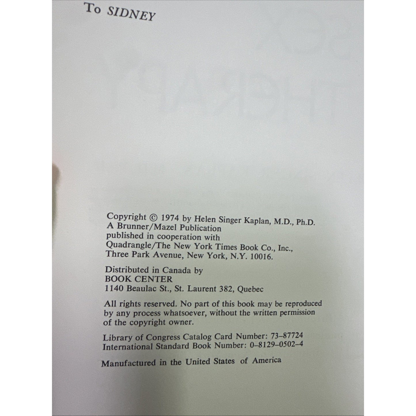 The New Sex Therapy by Helen Kaplan 1974 Hardcover