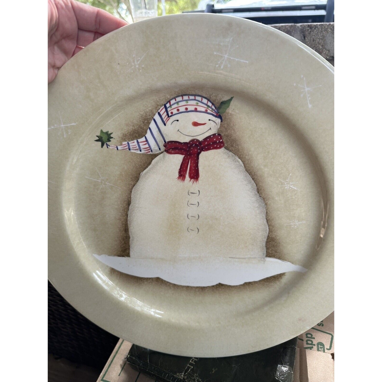 Sakura Snowmates Serving Plate Dish 16inch Snowman Red Scarf Snowflakes