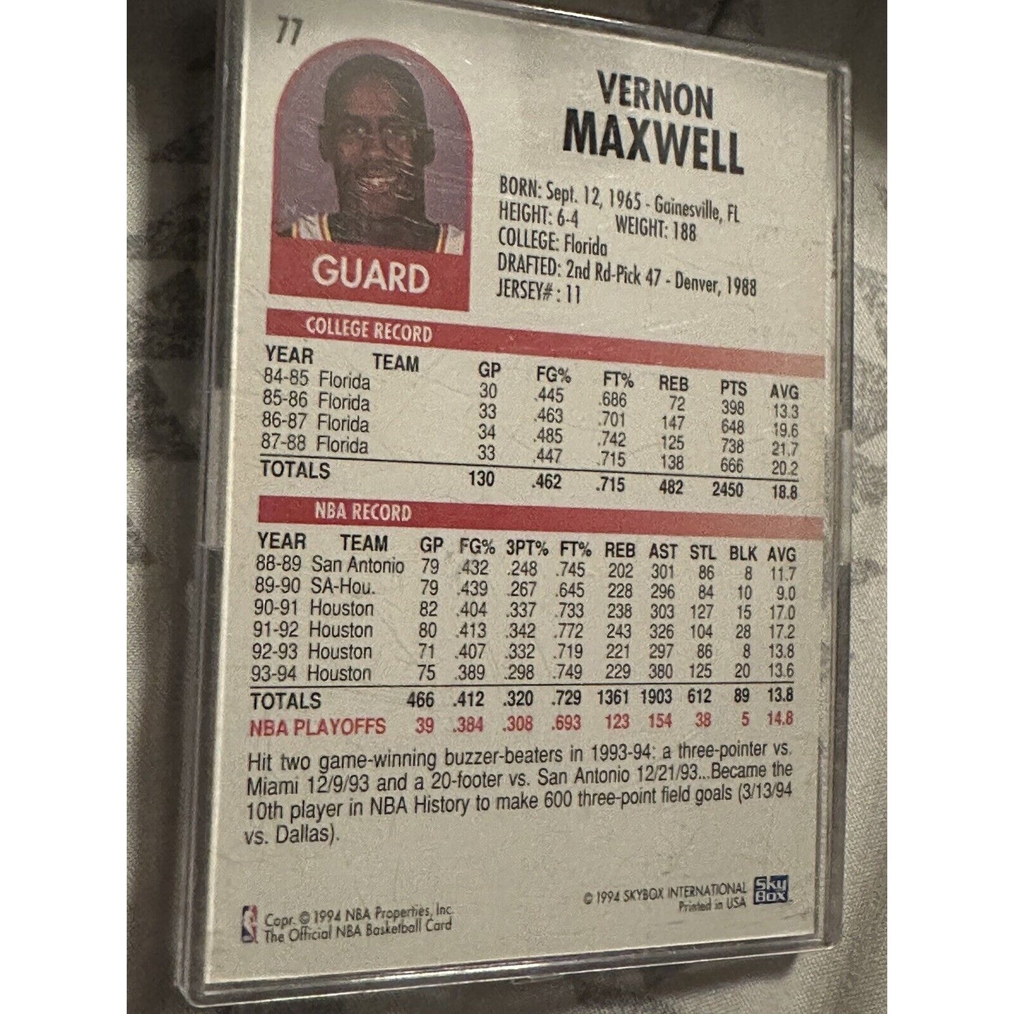 1994-95 Hoops Houston Rockets Basketball Card #77 Vernon Maxwell Signed