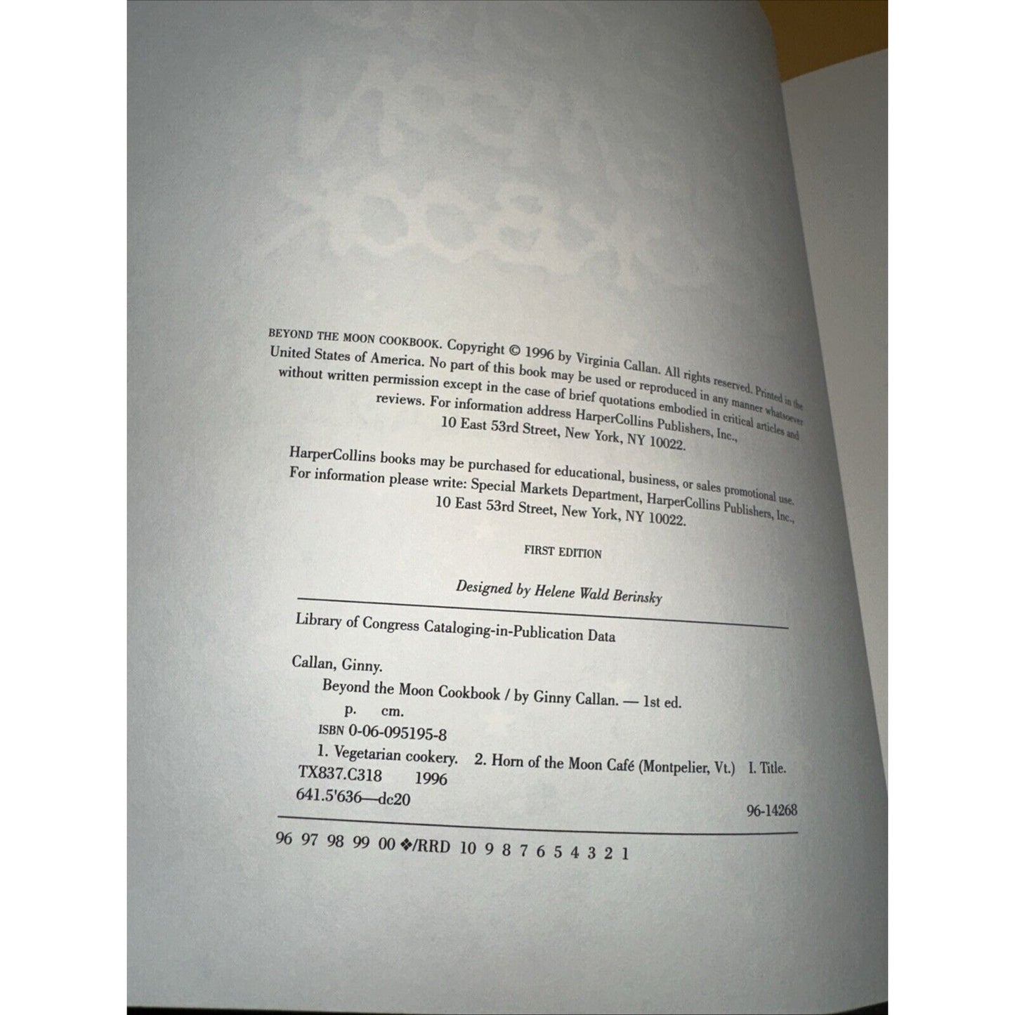 Beyond the Moon Cookbook by Callan, Ginny Book