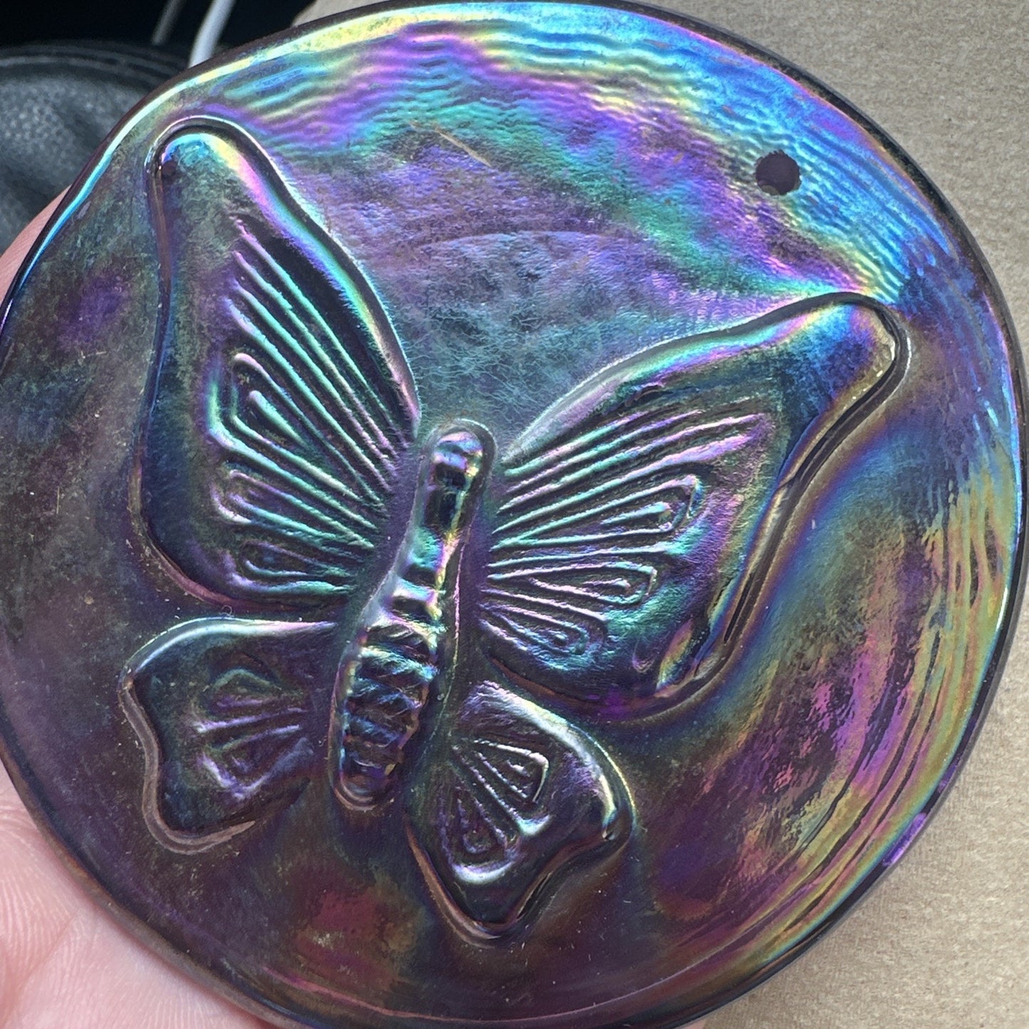 Glass Iridescent Coloring Butterfly Disk Sun Catcher 3.25" Round Double Sided