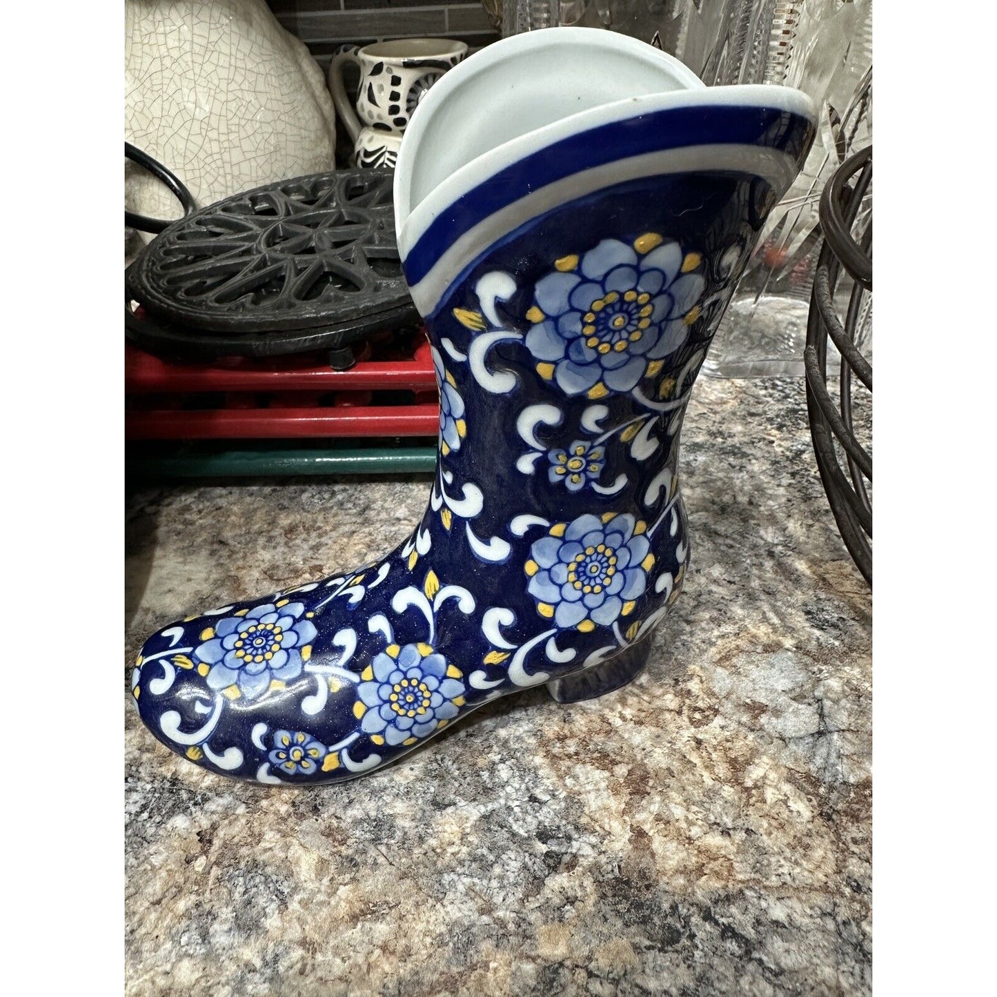 Cowboy Boot Chinoiserie Vase Blue White Yellow Gold Flower Pattern
