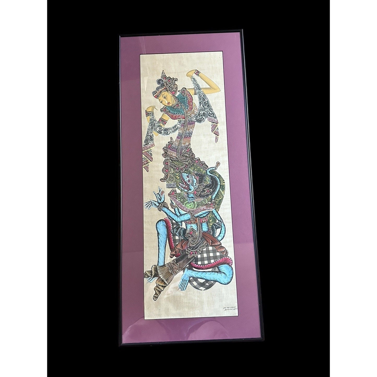 Framed vintage Balinese painting on rice paper Signed DW MD Raka Batuan Bali