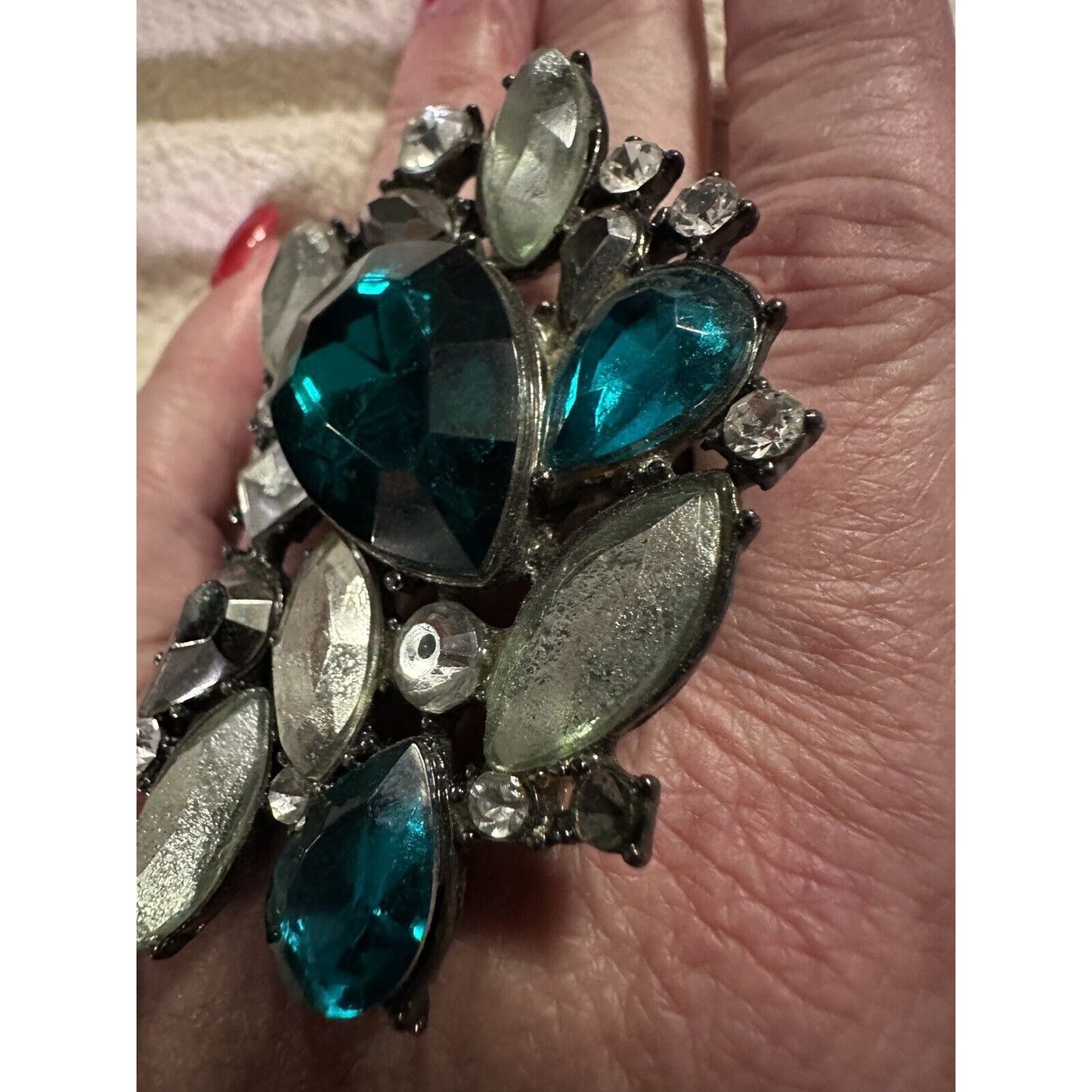Vintage Massive Ring Chunky Rhinestone Royal Green Statement Cluster