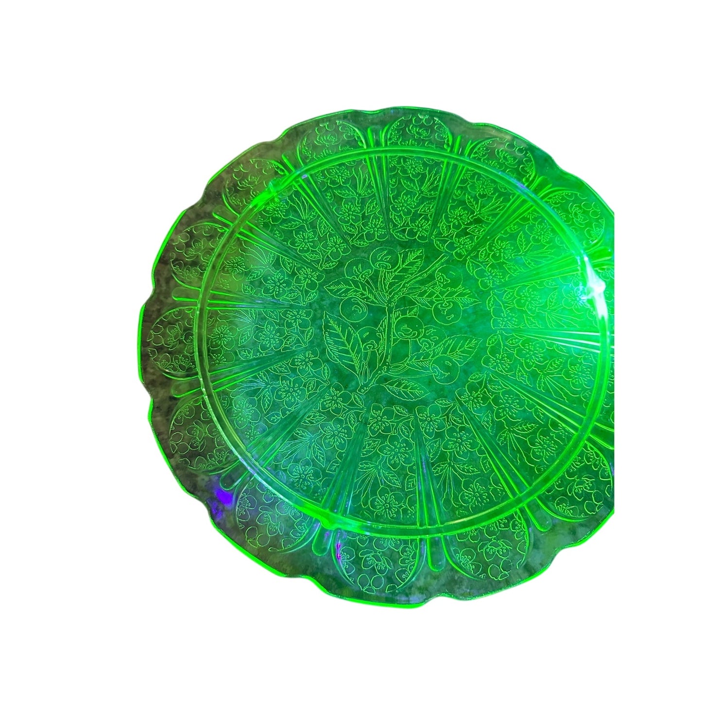 This beautiful Cake Plate is made out of depression/uranium glass.