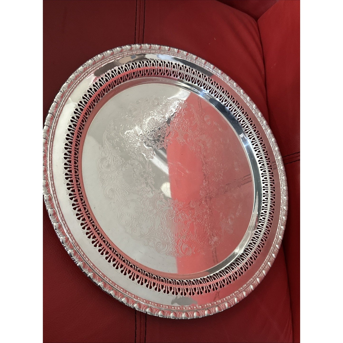 WM Rogers 1770 Round Etched Scrolls Silverplate Tray