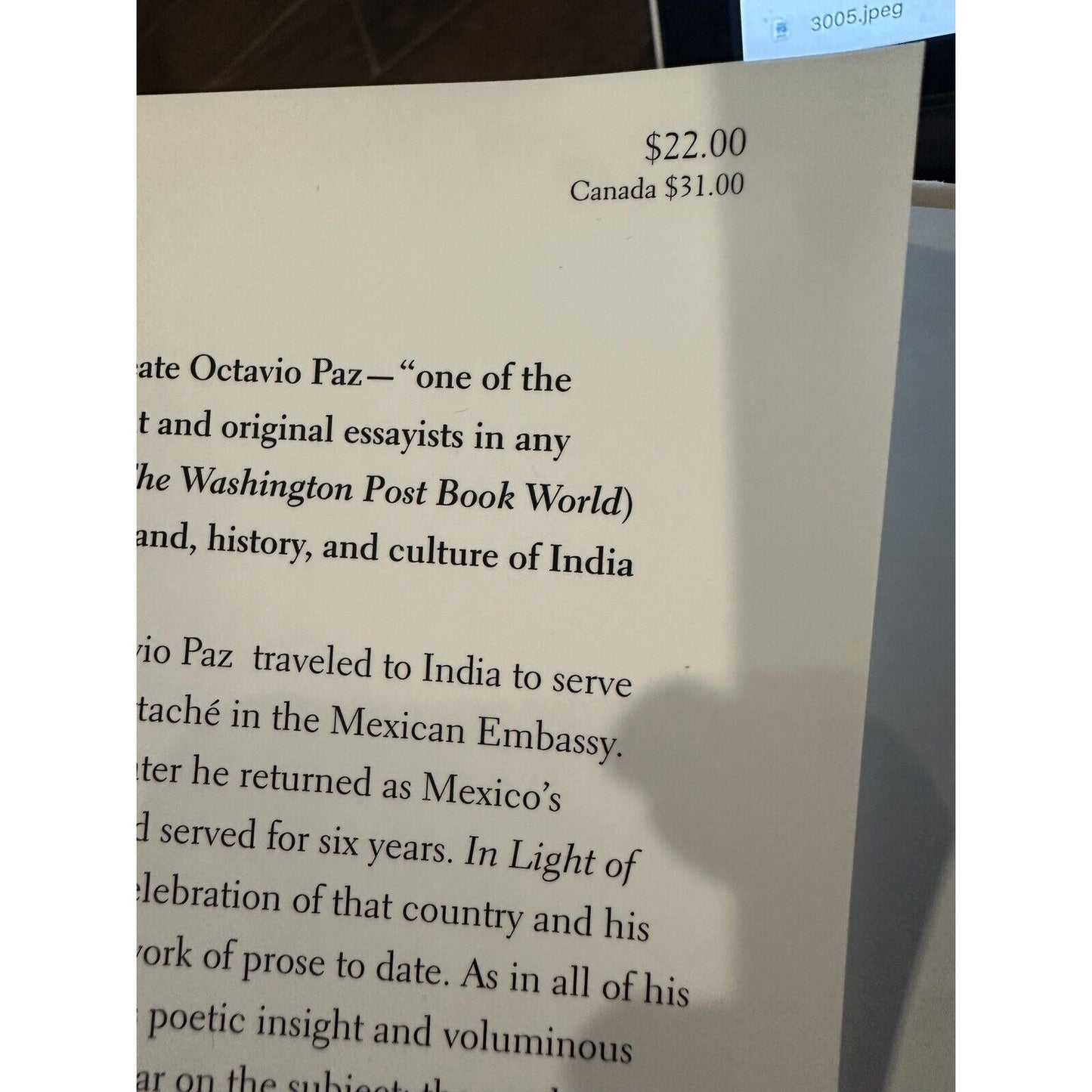 In Light of India by Octavio Paz Hardcover Book VG