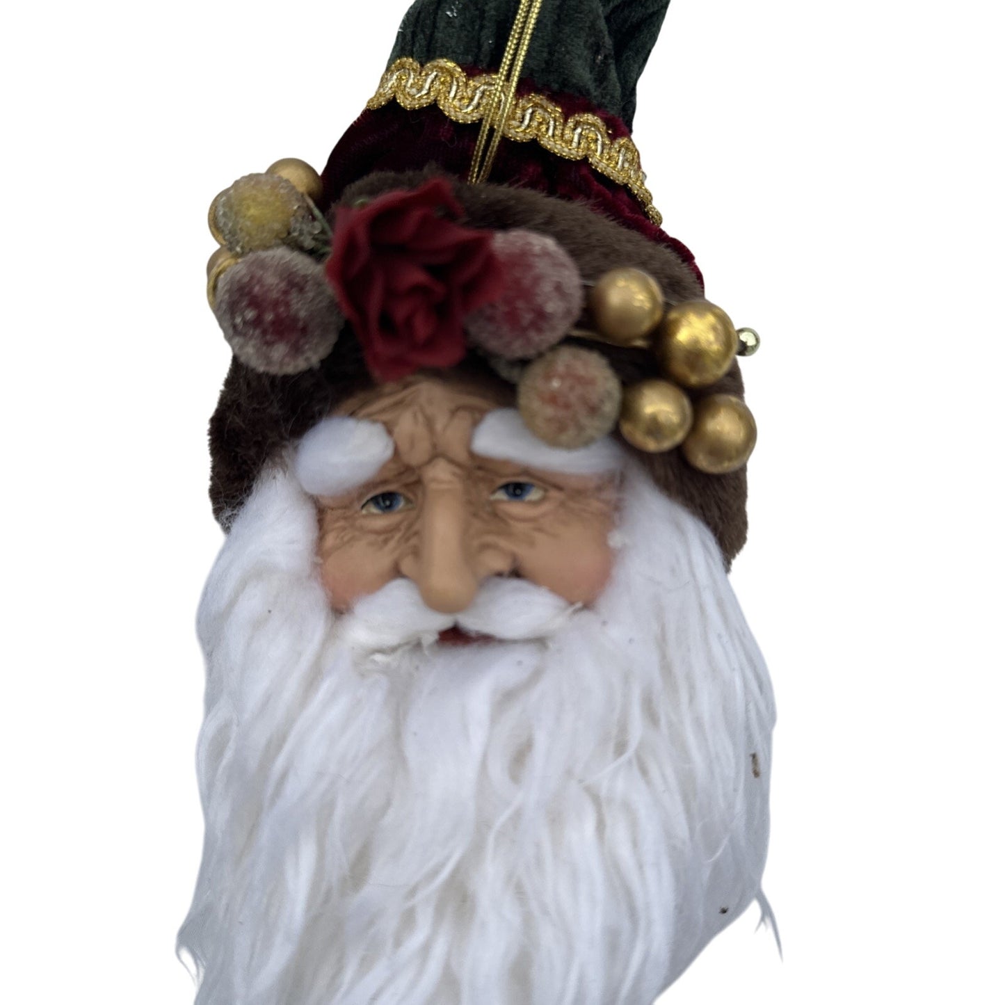 Porcelain Face SANTA CLAUS Head Multi Colored Hat Gold Accents Full Beard