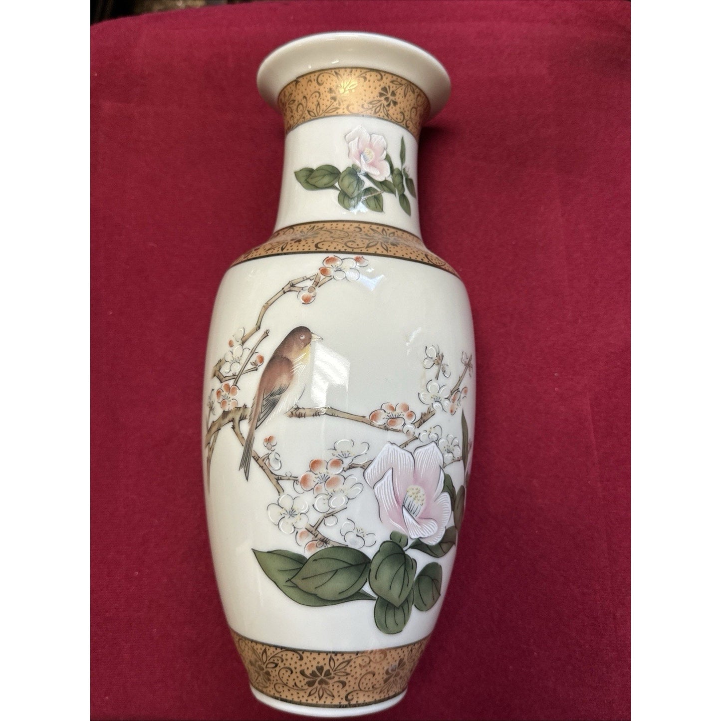 Rare Mid-Century Japan Porcelain Floral Vase Hand painted Birds & Magnolia, 10”H
