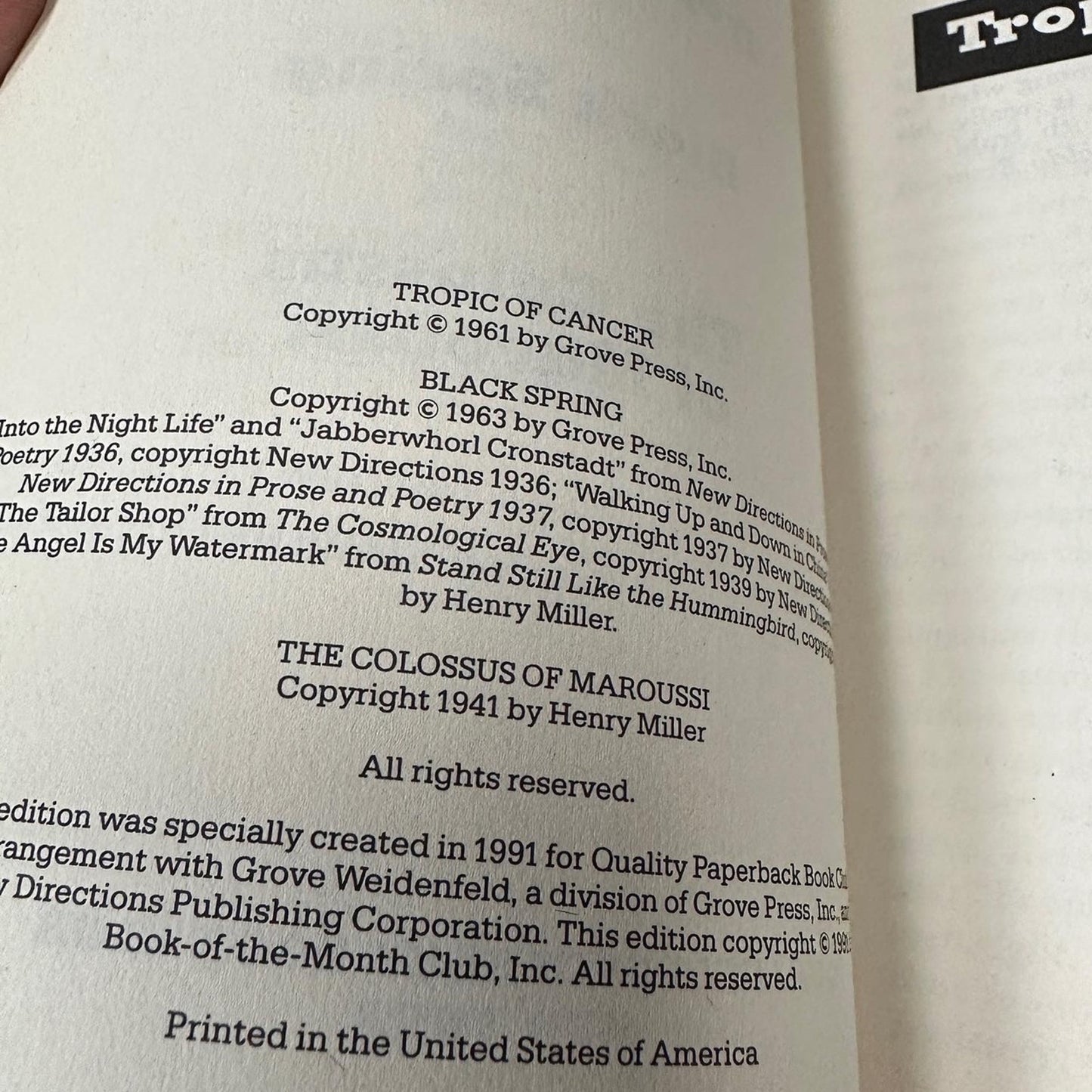 Henry Miller Tropic of Cancer, Black Spring, The Colossus of Maroussi