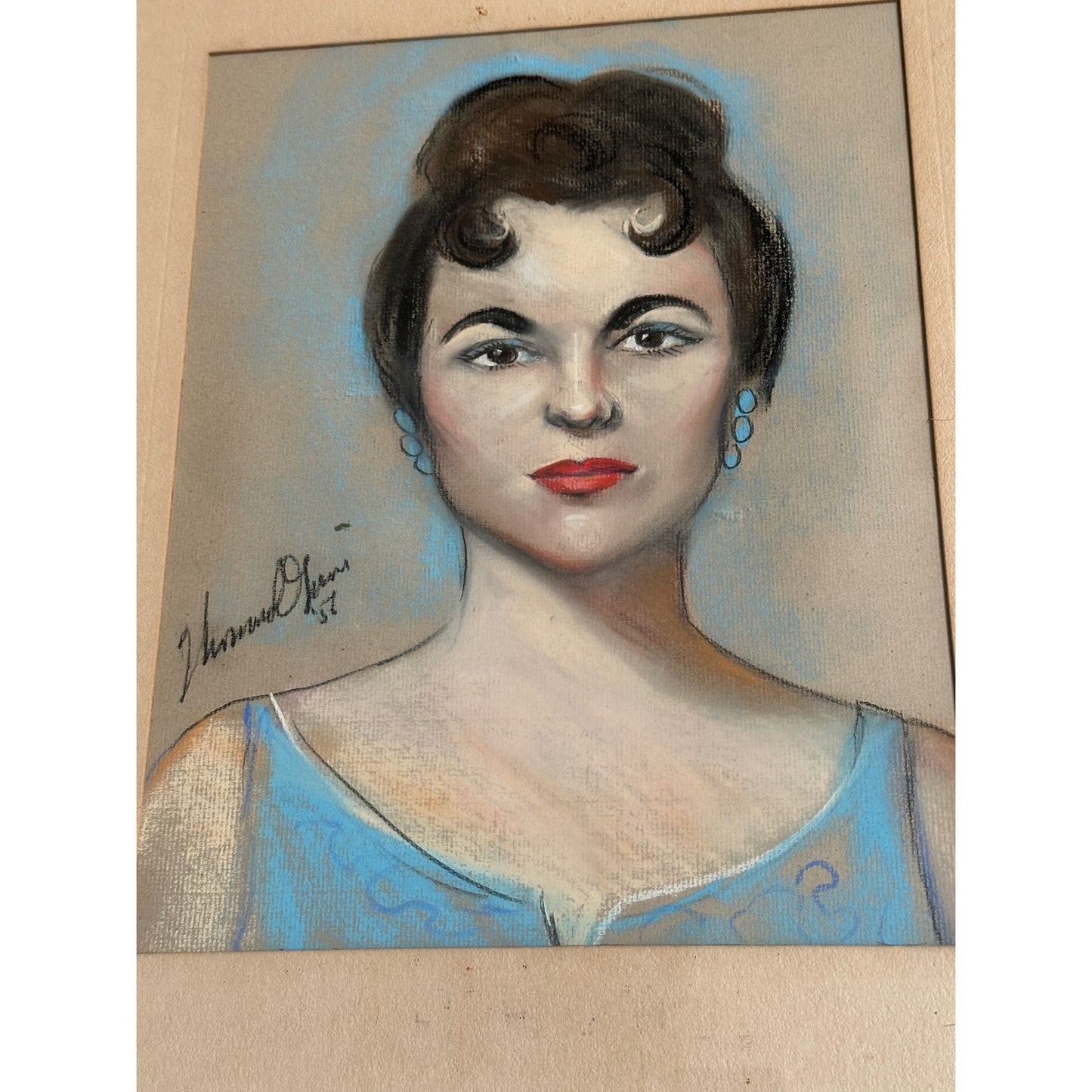 Vintage mid century portrait drawing of Lady New Orleans artist