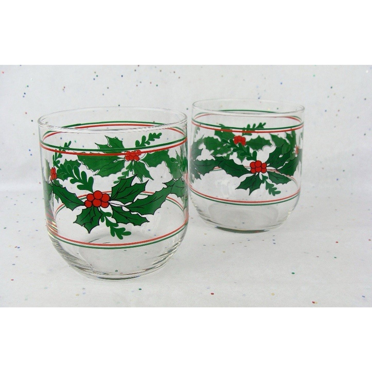 Set 4 Vintage 3.5" Christmas Holiday Holly Berry & Bows Low Ball Juice Glasses