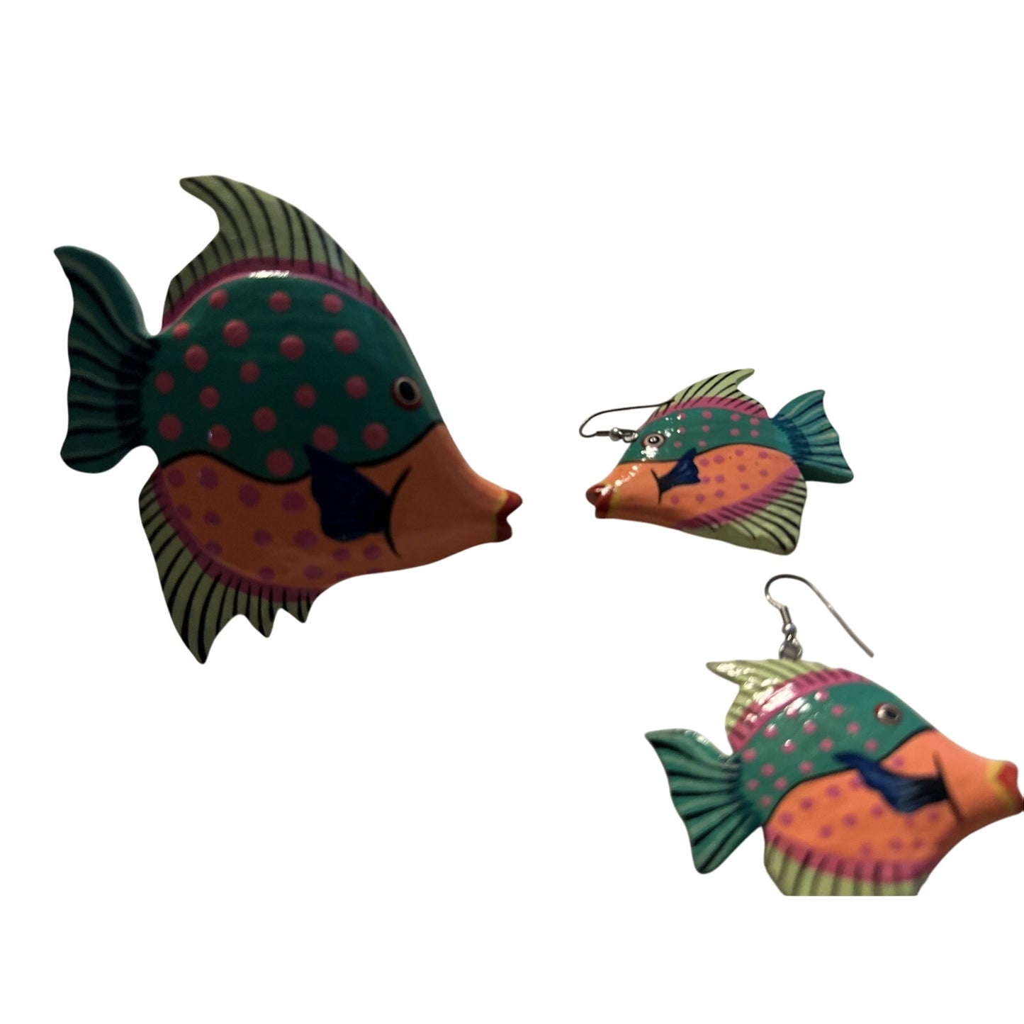 Vintage Hand Painted Wooden Fish Dangle Hook Earrings 2 Inches & Scarf Ring