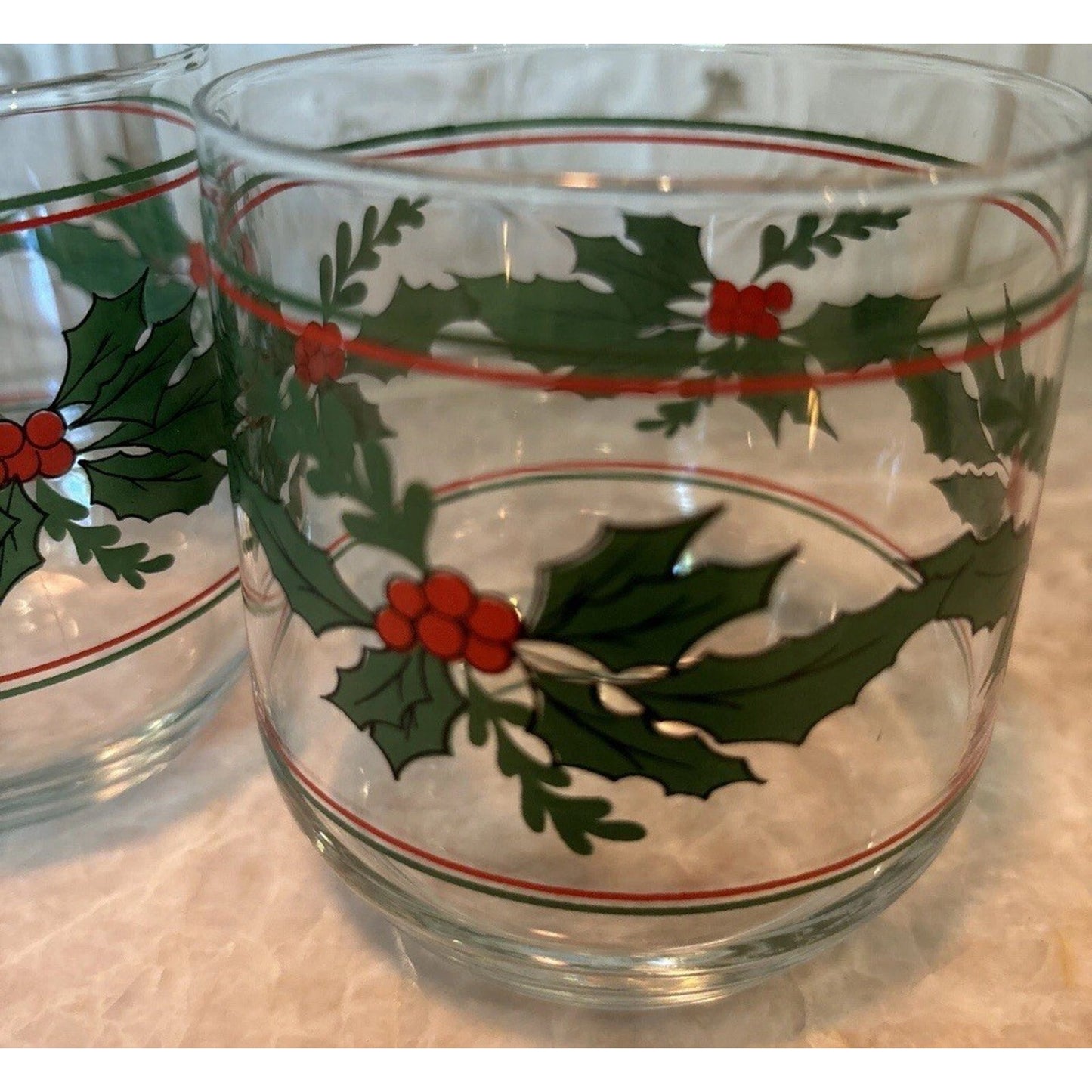 Set 4 Vintage 3.5" Christmas Holiday Holly Berry & Bows Low Ball Juice Glasses
