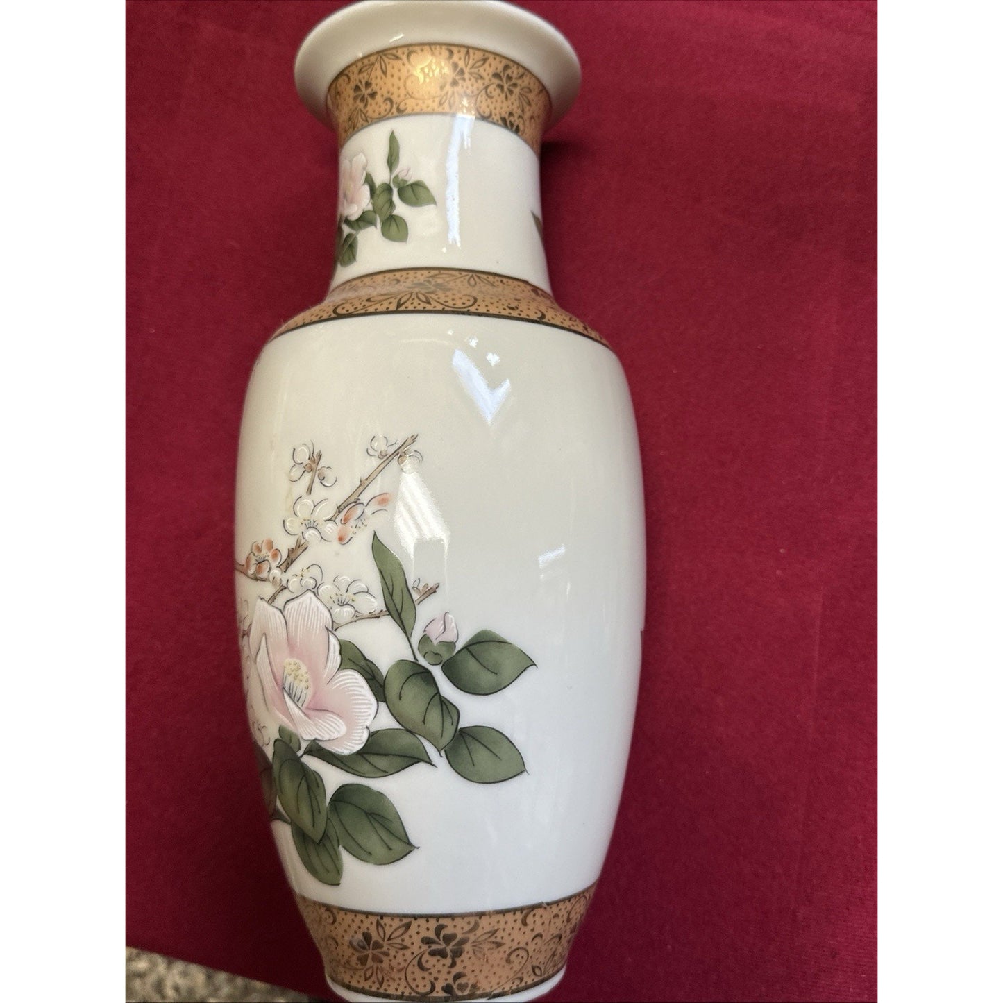 Rare Mid-Century Japan Porcelain Floral Vase Hand painted Birds & Magnolia, 10”H