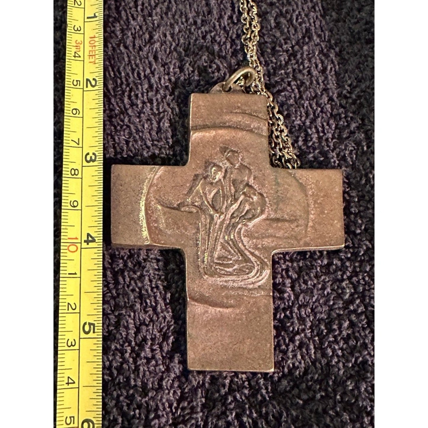 Vintage Mid Century Bronze Crucifix Pendant Necklace Holy Cross