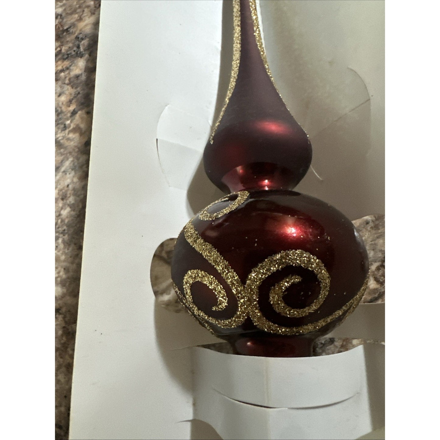 Vintage Glass Blown 12" Christmas Tree Topper maroon Gold Sparkle