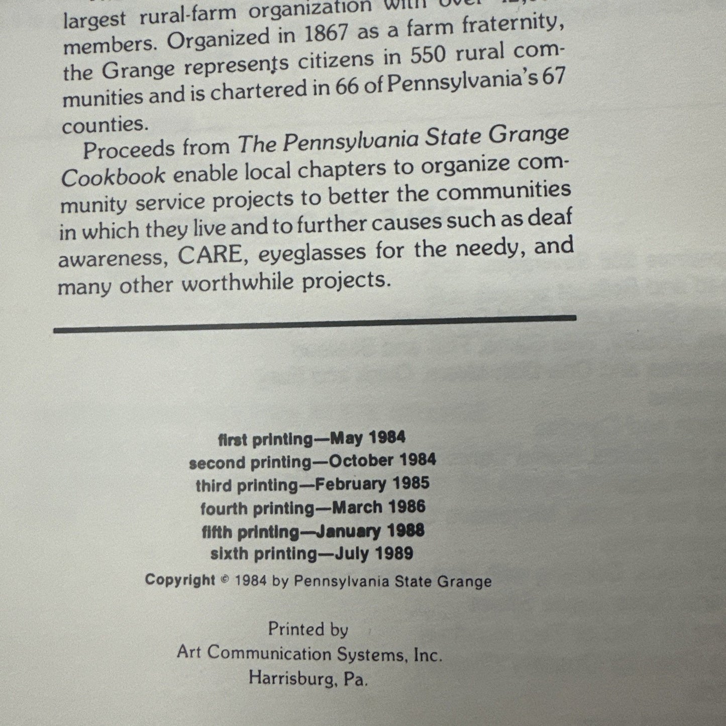 Pennsylvania State Grange Cookbook, First Edition Sixth Printing 1989